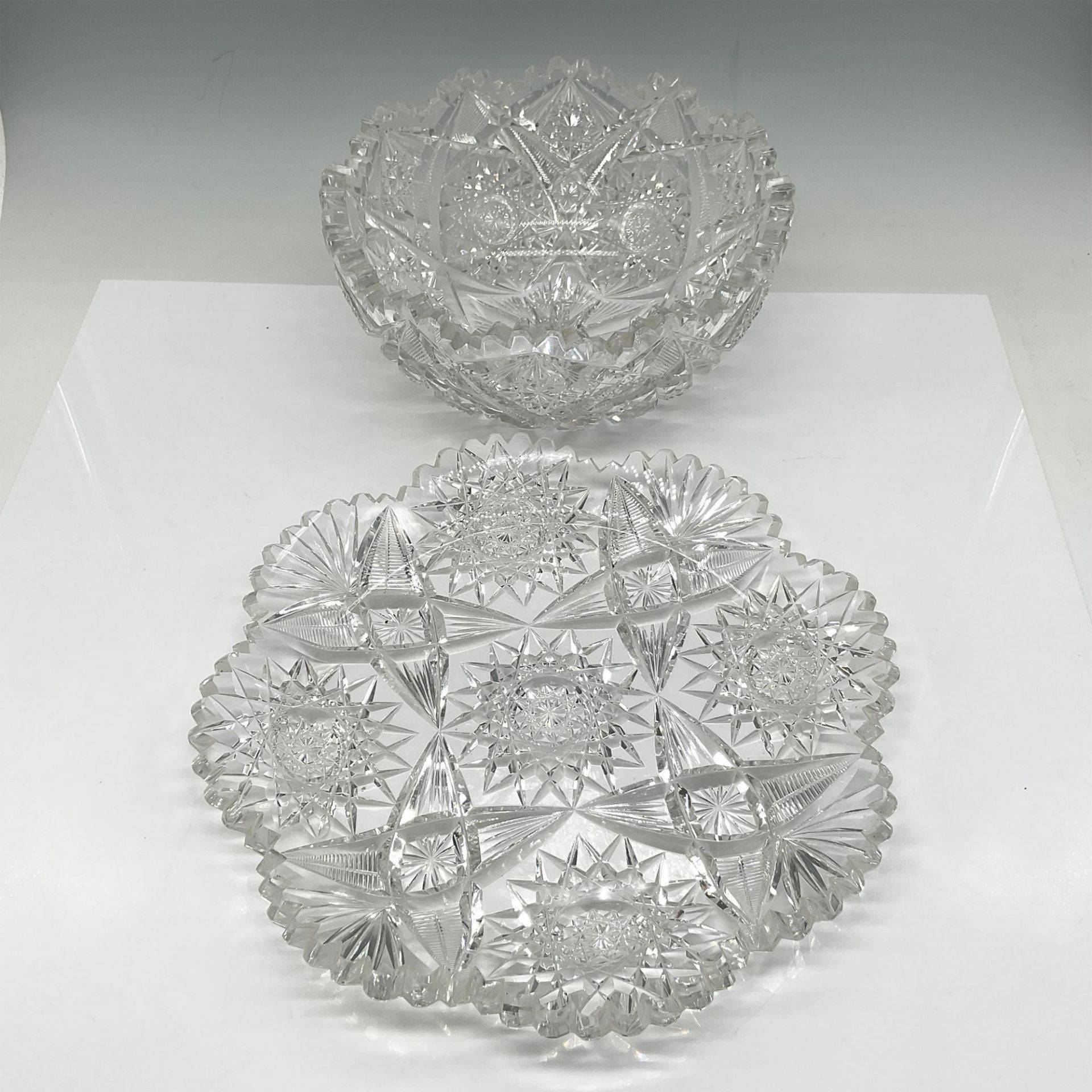 2pc American Brilliant Cut Glass Bowl and Dish - Bild 2 aus 4