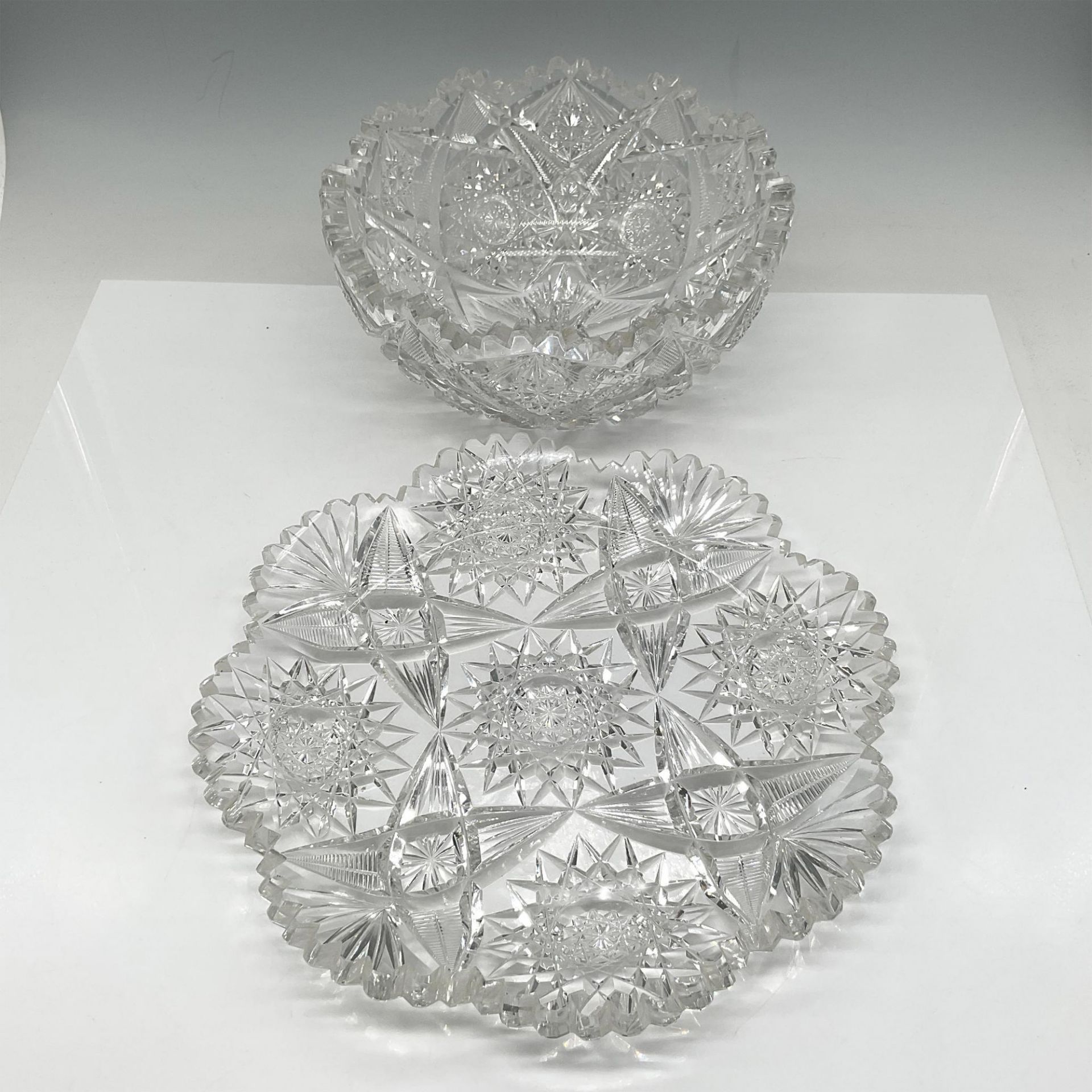 2pc American Brilliant Cut Glass Bowl and Dish - Image 2 of 4