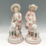 2pc Camille Naudot Porcelain Figurines, Boy & Girl with Dogs