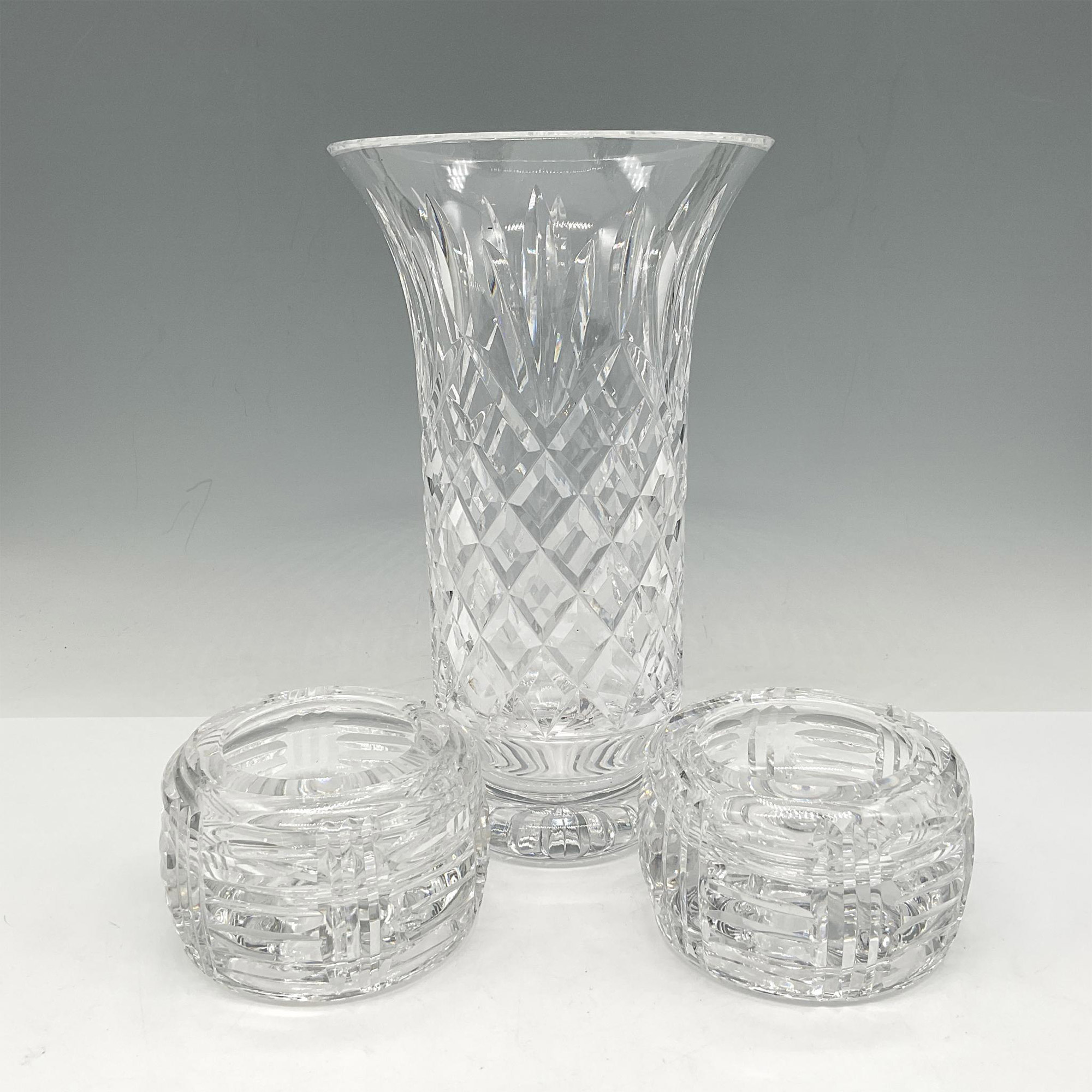 3pc Waterford Crystal Vase & Barrel Candle Holders