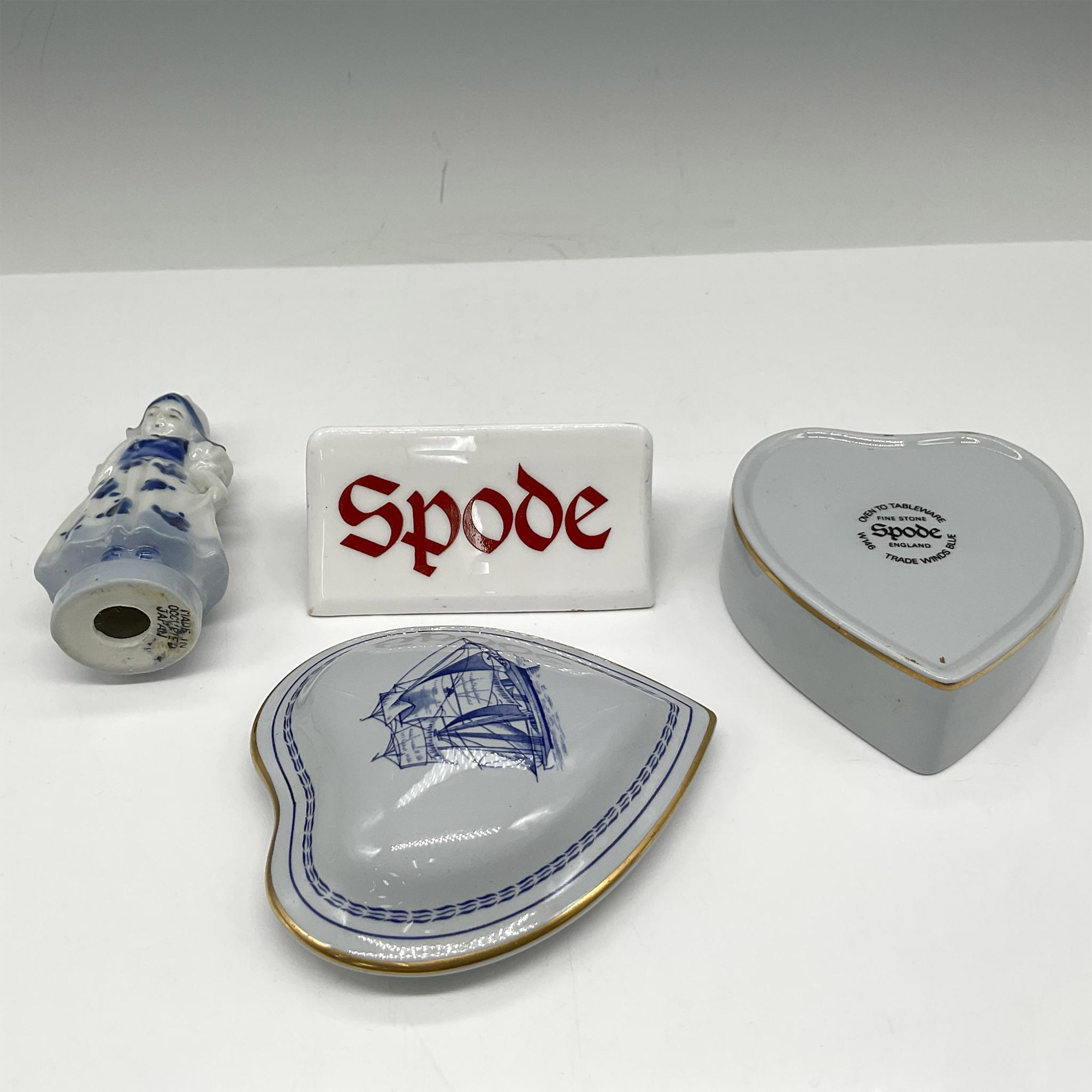 3pc Mixed Porcelain Lot, Dealer Sign, Lidded Box + Figurine - Image 3 of 3