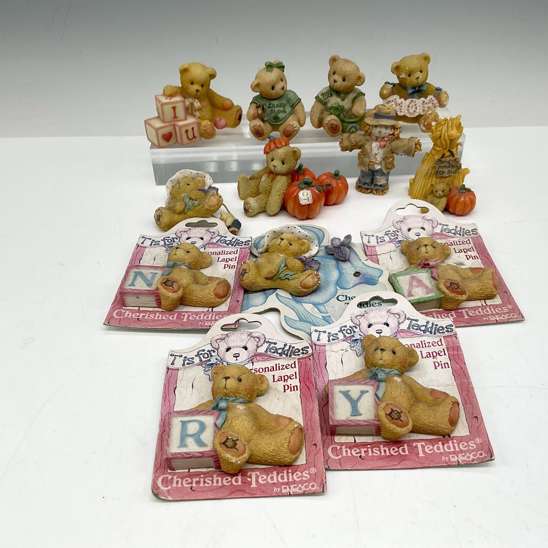 13pc Cherished Teddies Resin Figurines + Lapel Pins