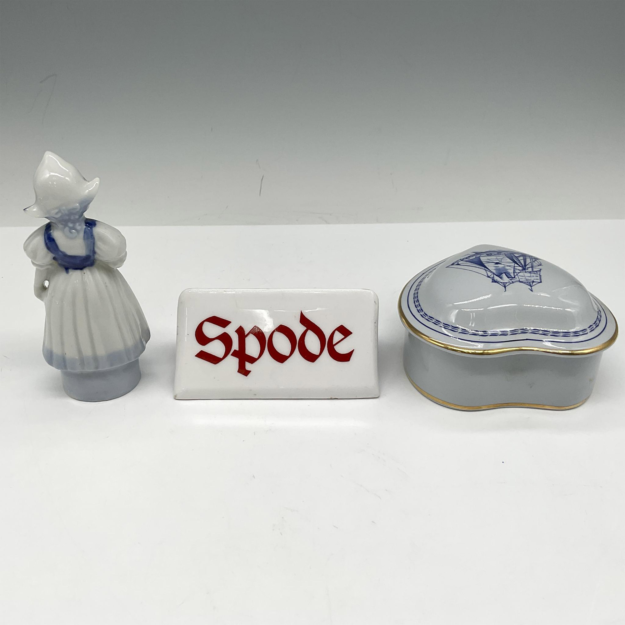3pc Mixed Porcelain Lot, Dealer Sign, Lidded Box + Figurine - Image 2 of 3