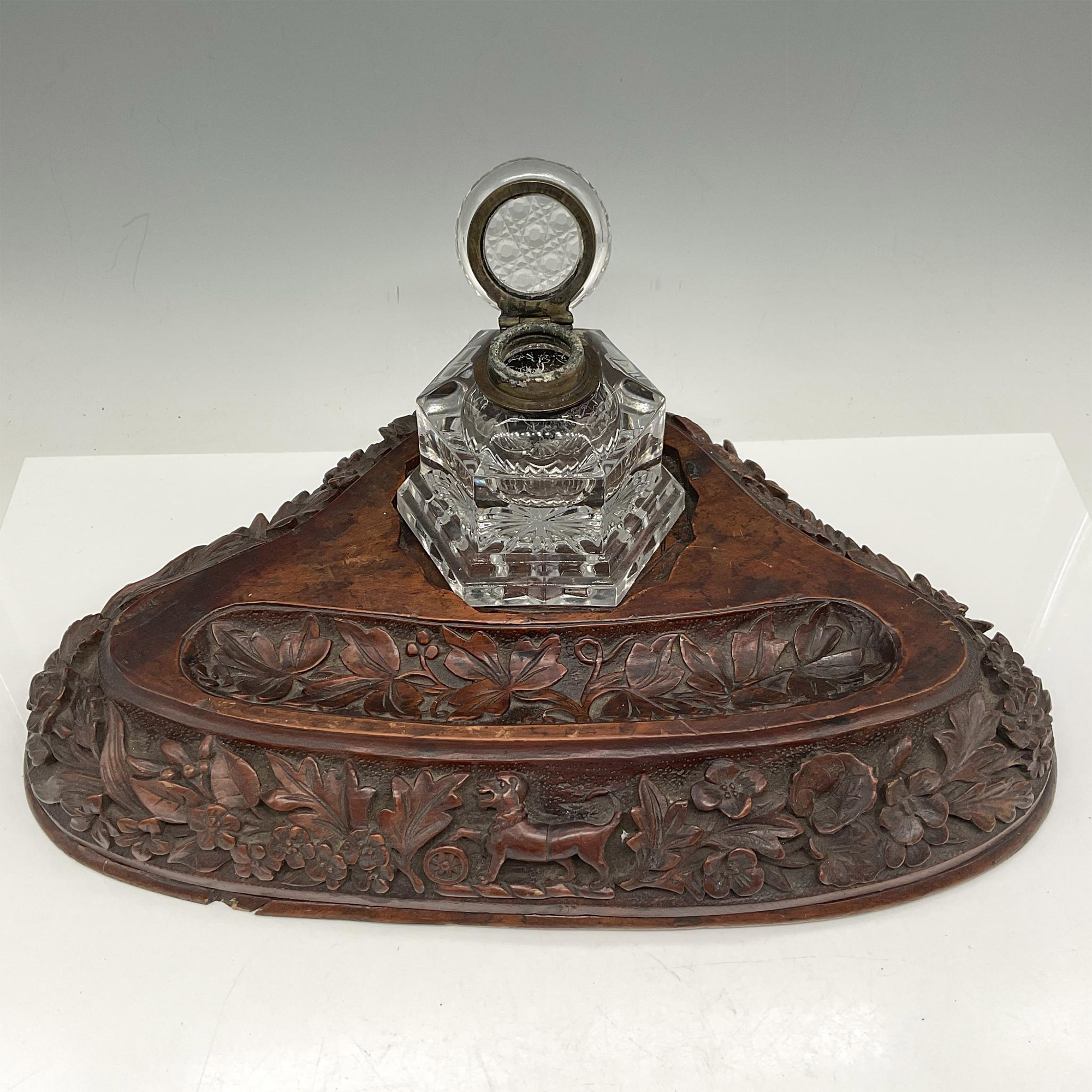 Vintage Carved Wood Pen Tray Desk & Hexagon Crystal Ink Pot - Image 2 of 3