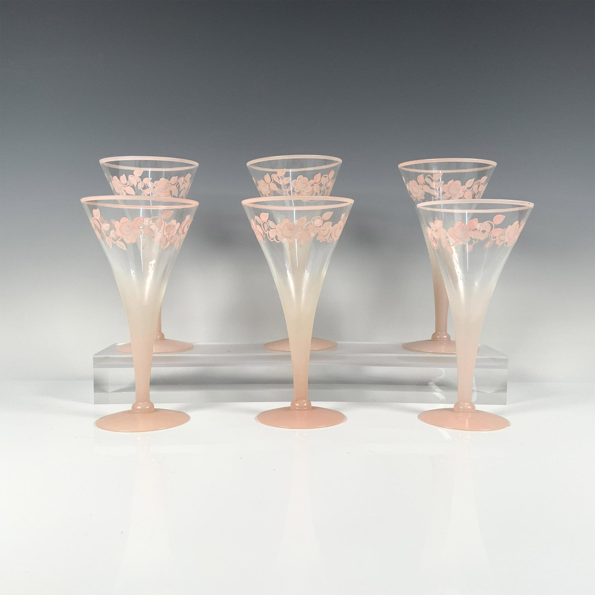 6pc Dorothy Thorpe Hand Painted Pink Frosted Flower Glasses
