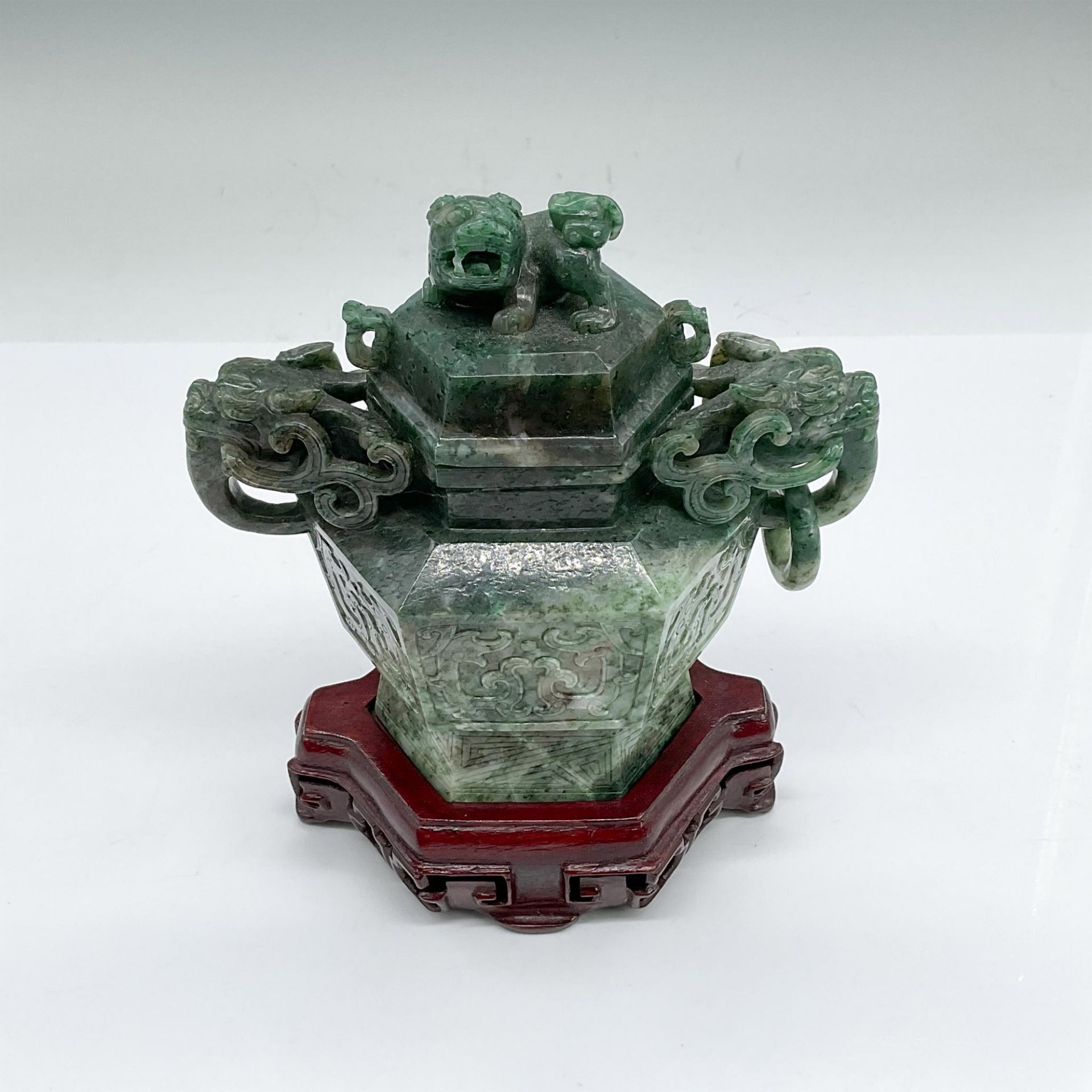 Chinese Green Jadeite Covered Censer, Foo Dogs - Image 2 of 5