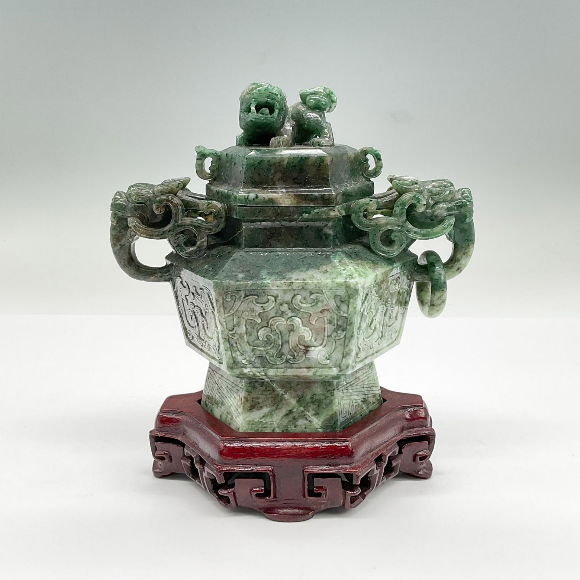 Chinese Green Jadeite Covered Censer, Foo Dogs