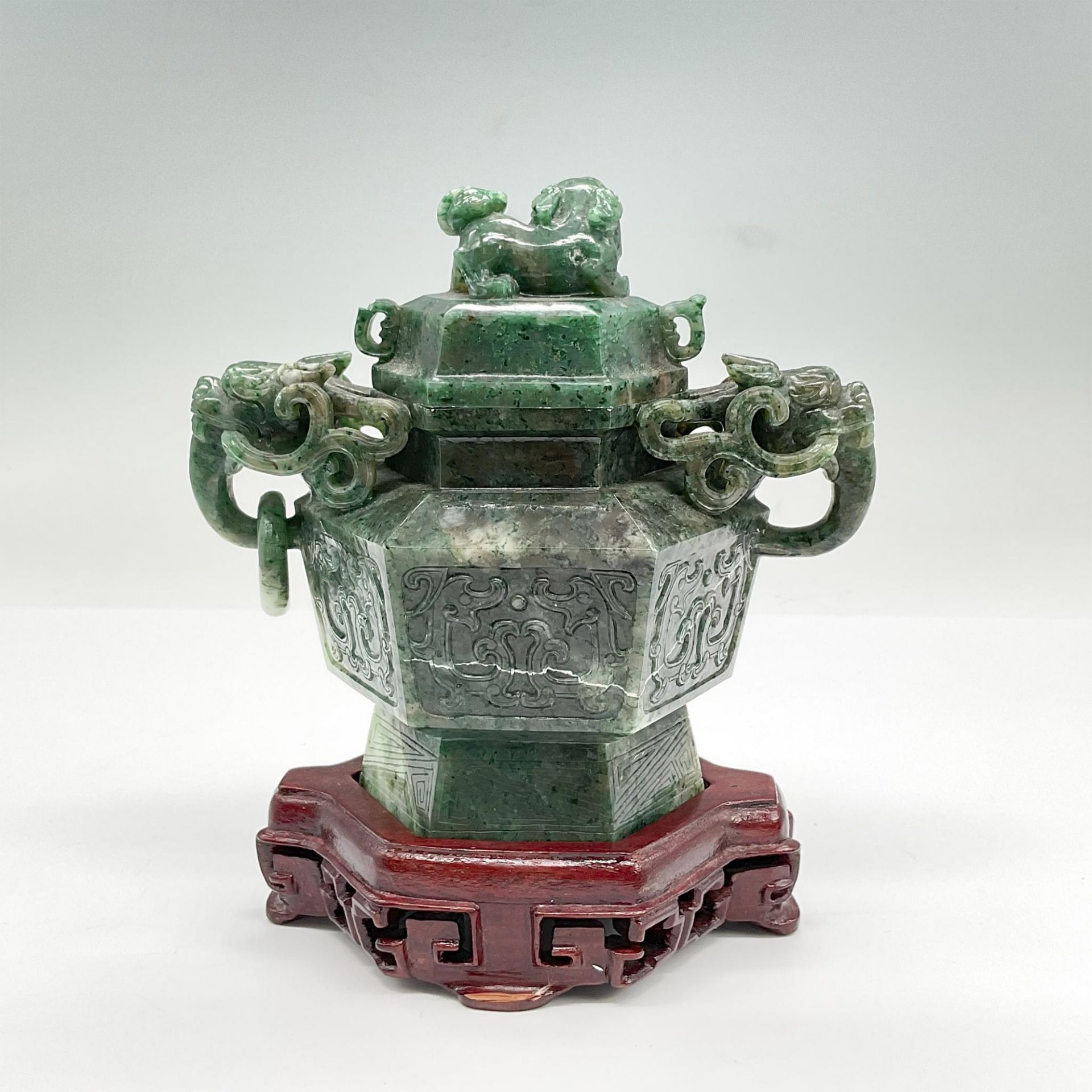 Chinese Green Jadeite Covered Censer, Foo Dogs - Image 3 of 5