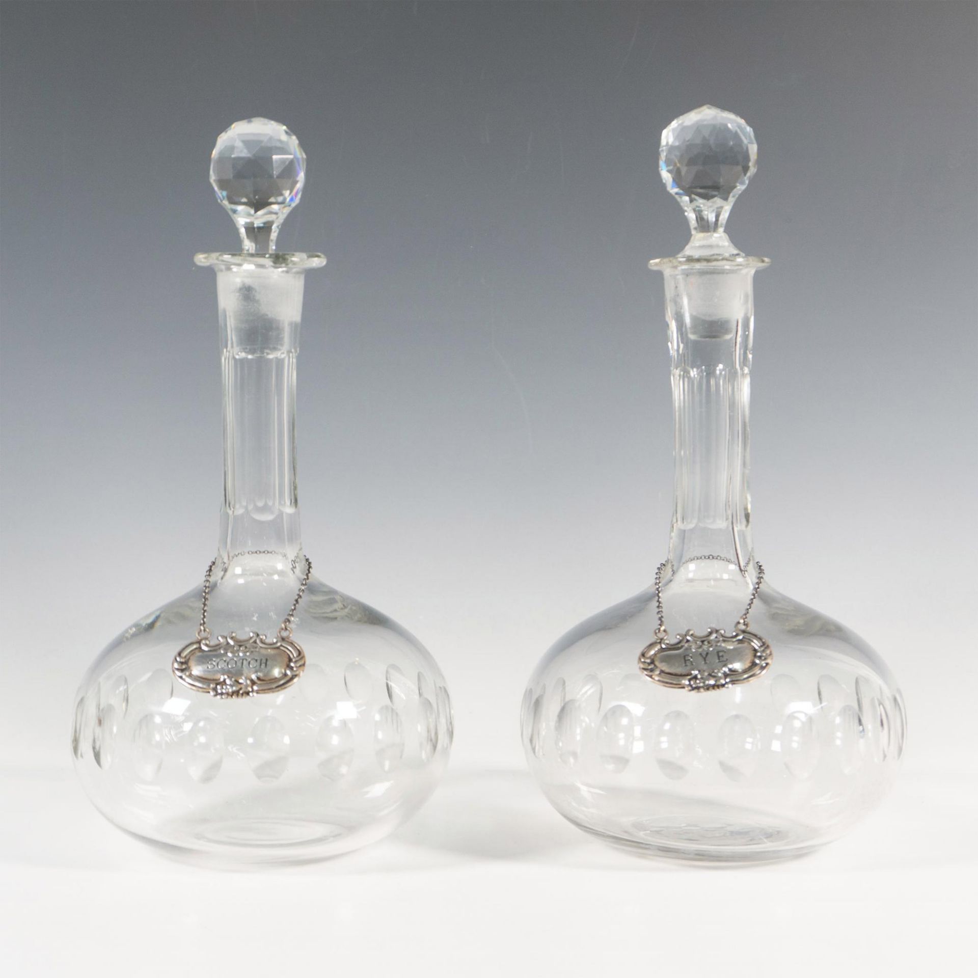 2pc Glass Decanters with Sterling Silver Liquor Tags