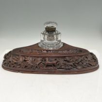 Vintage Carved Wood Pen Tray Desk & Hexagon Crystal Ink Pot