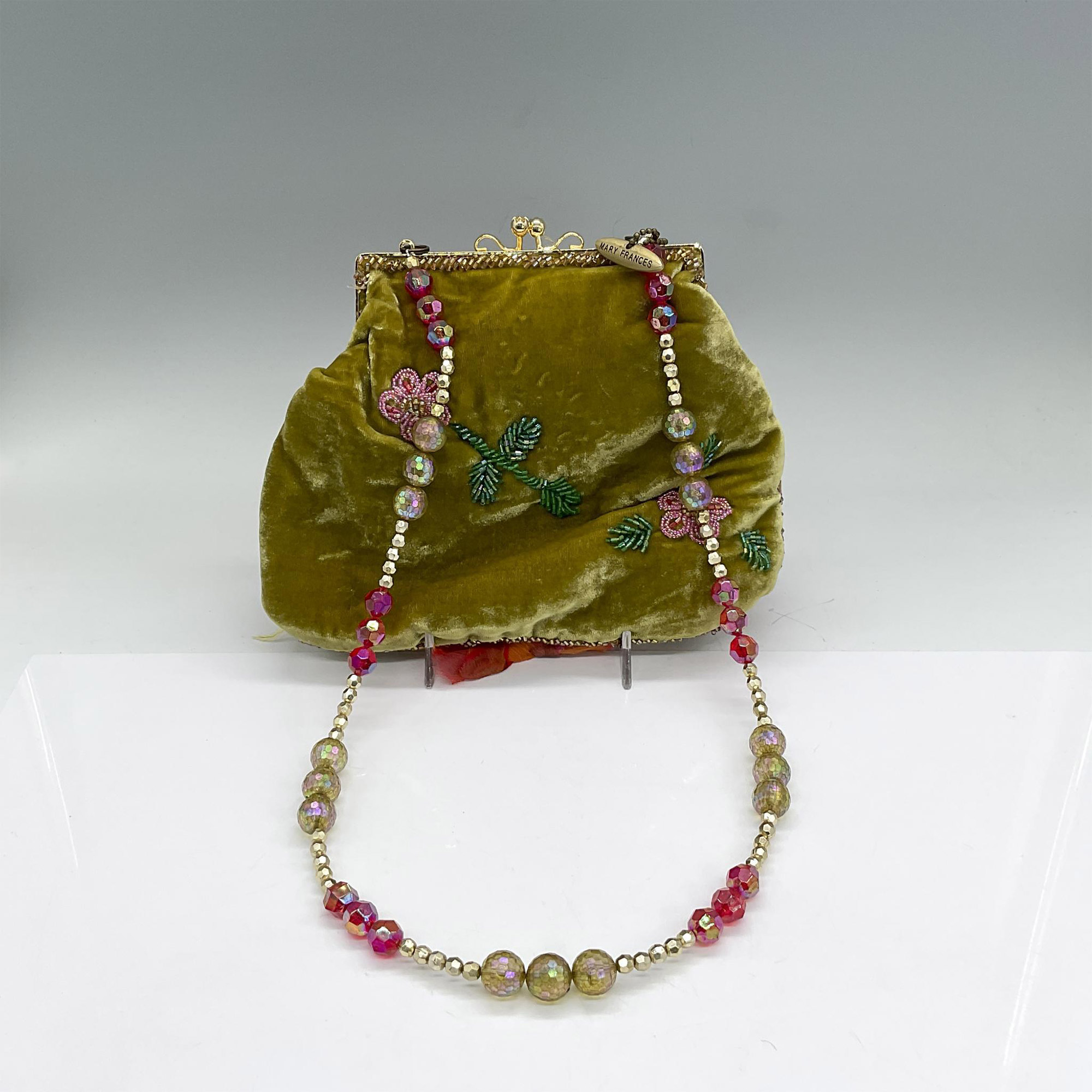 Mary Frances Velvet and Silk Handbag, Olive/Orange/Fuchsia - Image 2 of 3