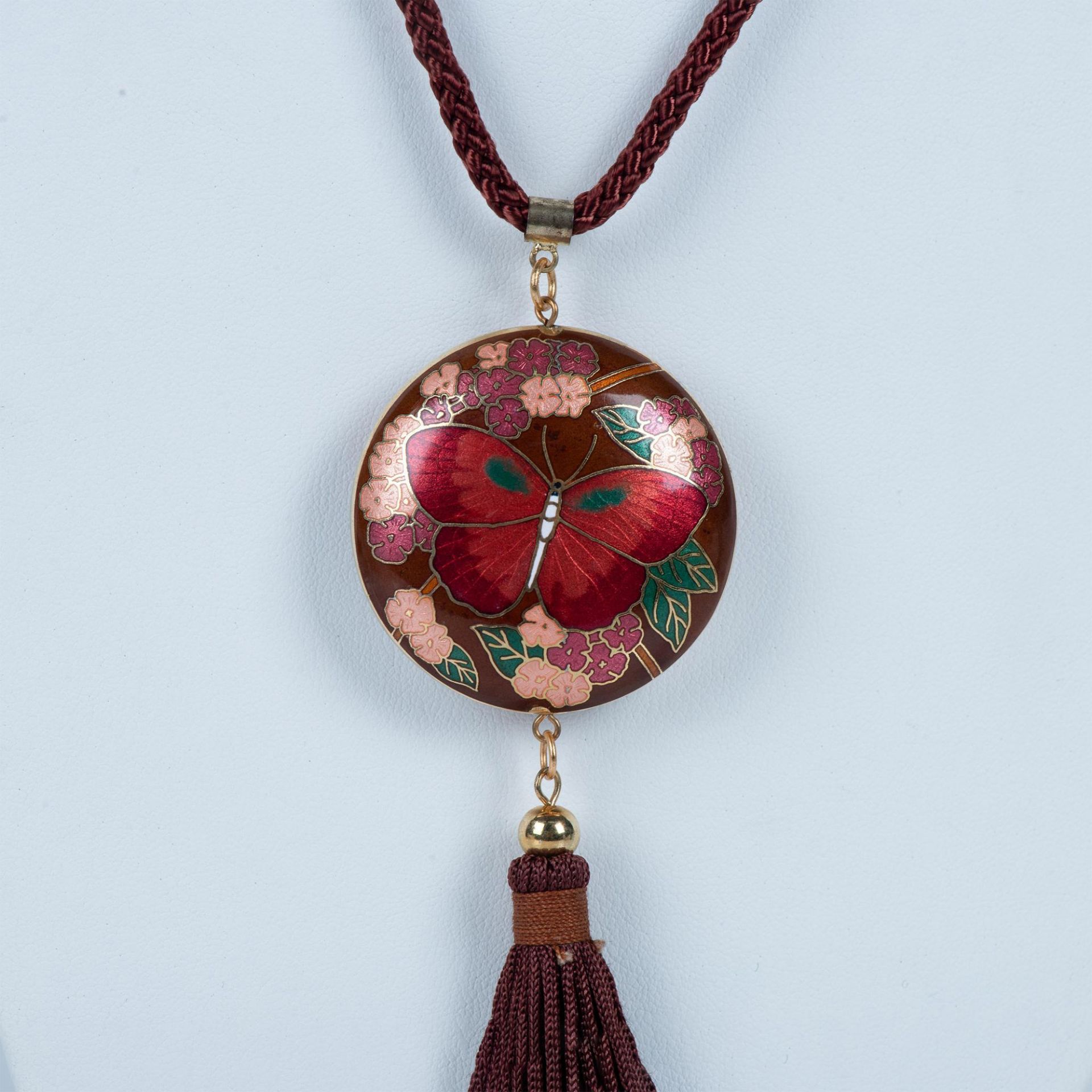 Vintage Detailed Cloisonne Enamel Butterfly Tassel Necklace - Image 2 of 3