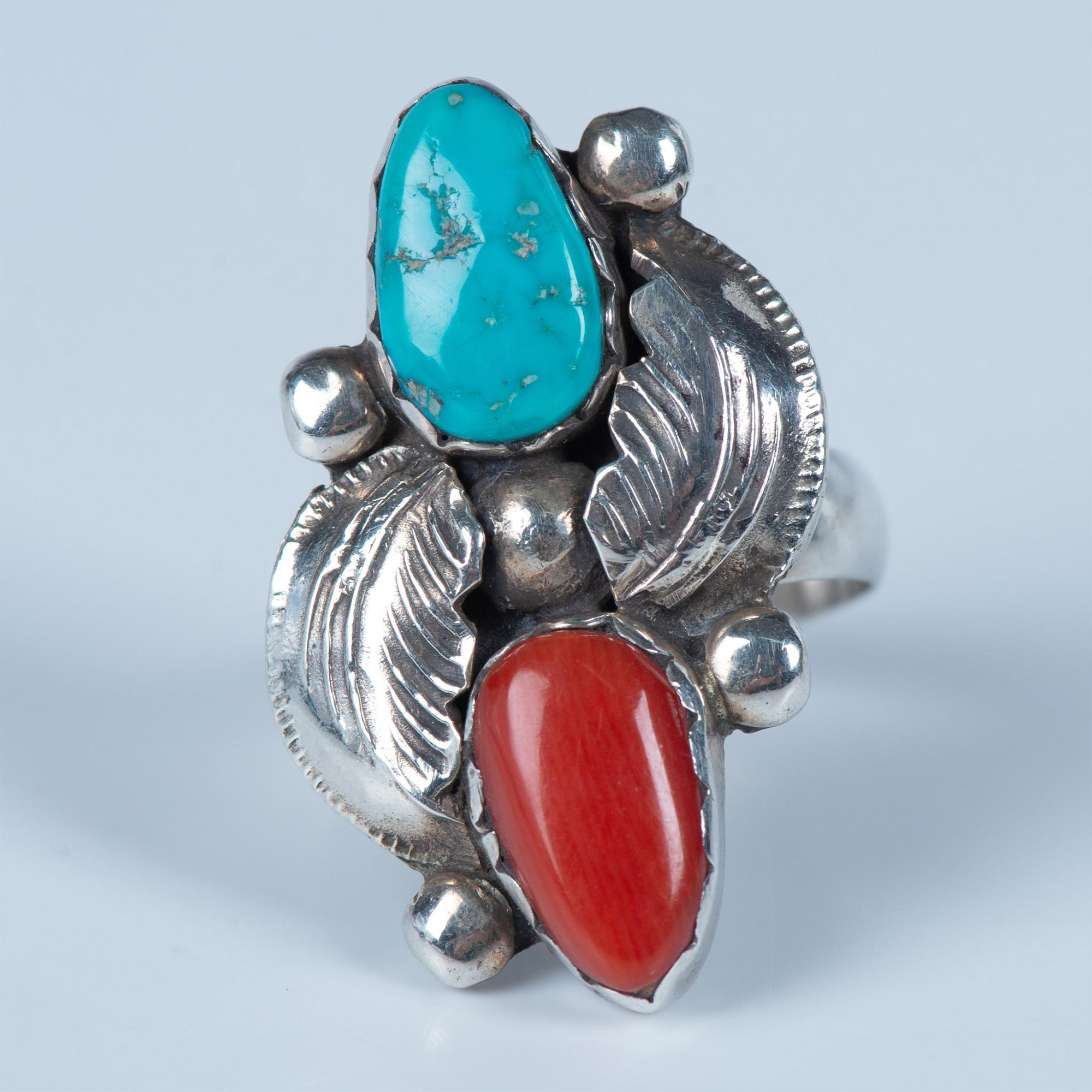 Simplicio Zuni Handmade Sterling, Turquoise & Coral Ring