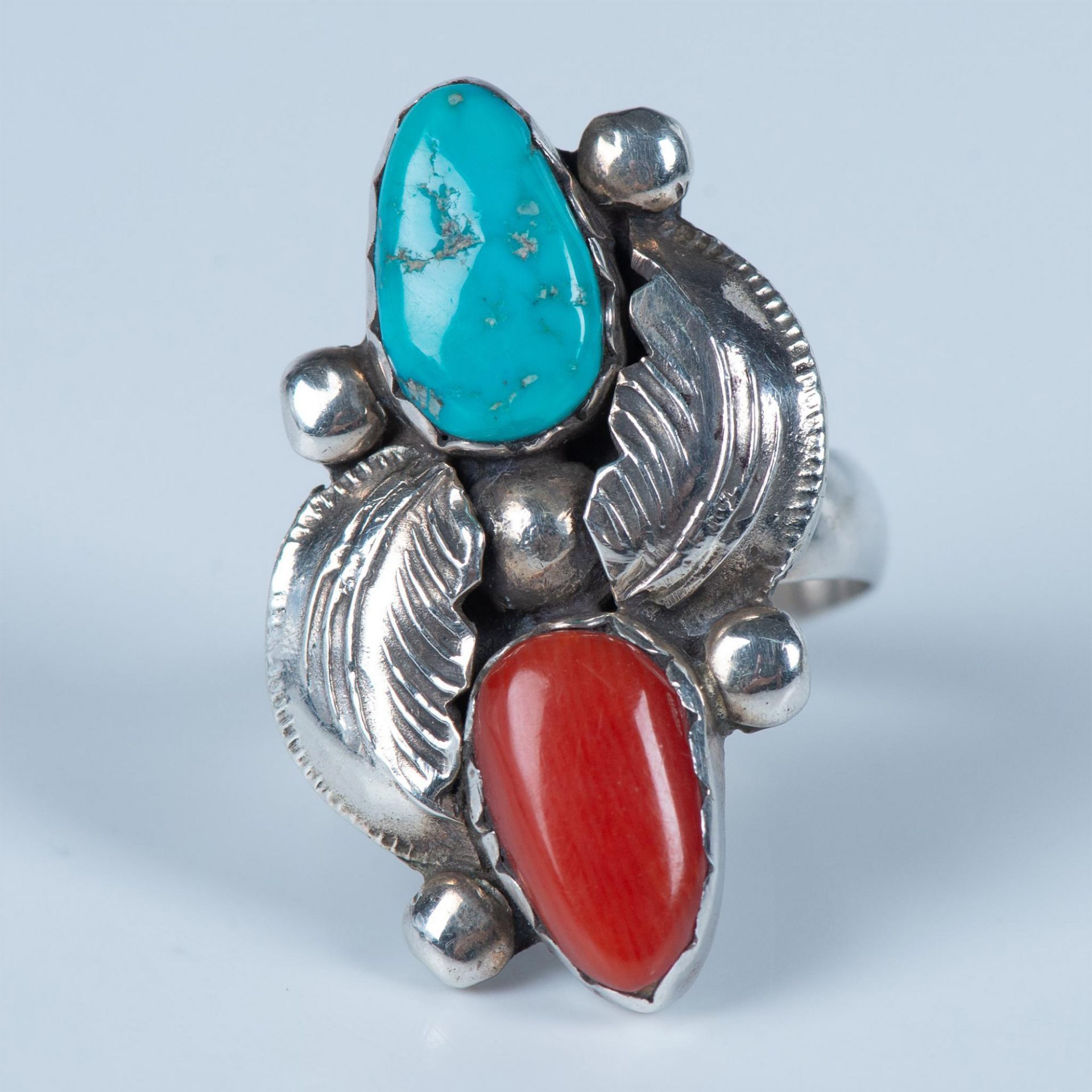 Simplicio Zuni Handmade Sterling, Turquoise & Coral Ring