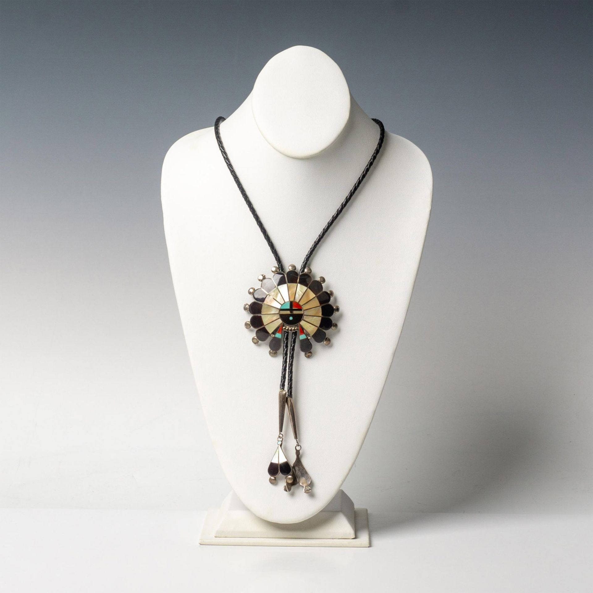 Pauline Lonjose Zuni Sunface Bolo Tie, Signed