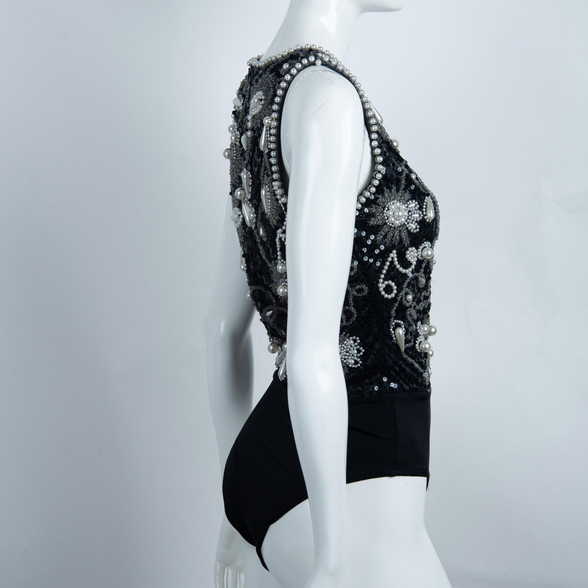 Vintage Oleg Cassini Black Tie Sequined Bodysuit, Size Small - Image 5 of 7