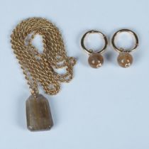 2pc 14K Gold Rutilated Quartz Necklace & Hoop Earrings