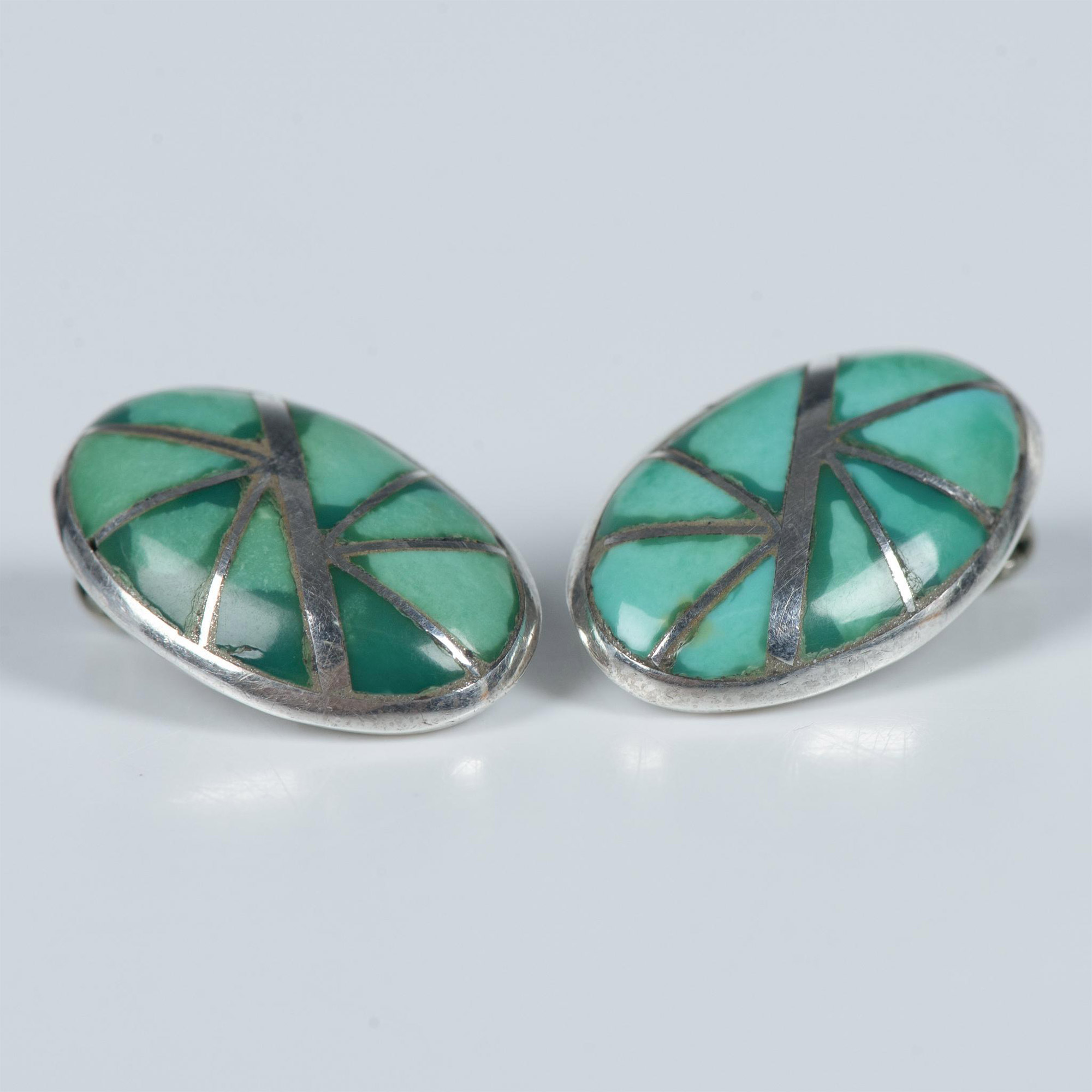 K.E.K. Zuni Sterling & Turquoise Inlay Clip-On Earrings - Image 4 of 4