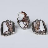 3pc Sterling Silver and Jasper Ring and Earrings