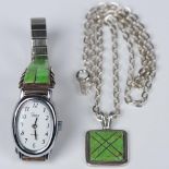 2pc Sterling Silver & Turquoise Watch & Pendant Necklace