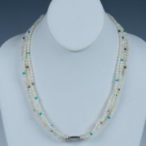 Classy Four Strand Mother of Pearl & Turquoise Bead Necklace