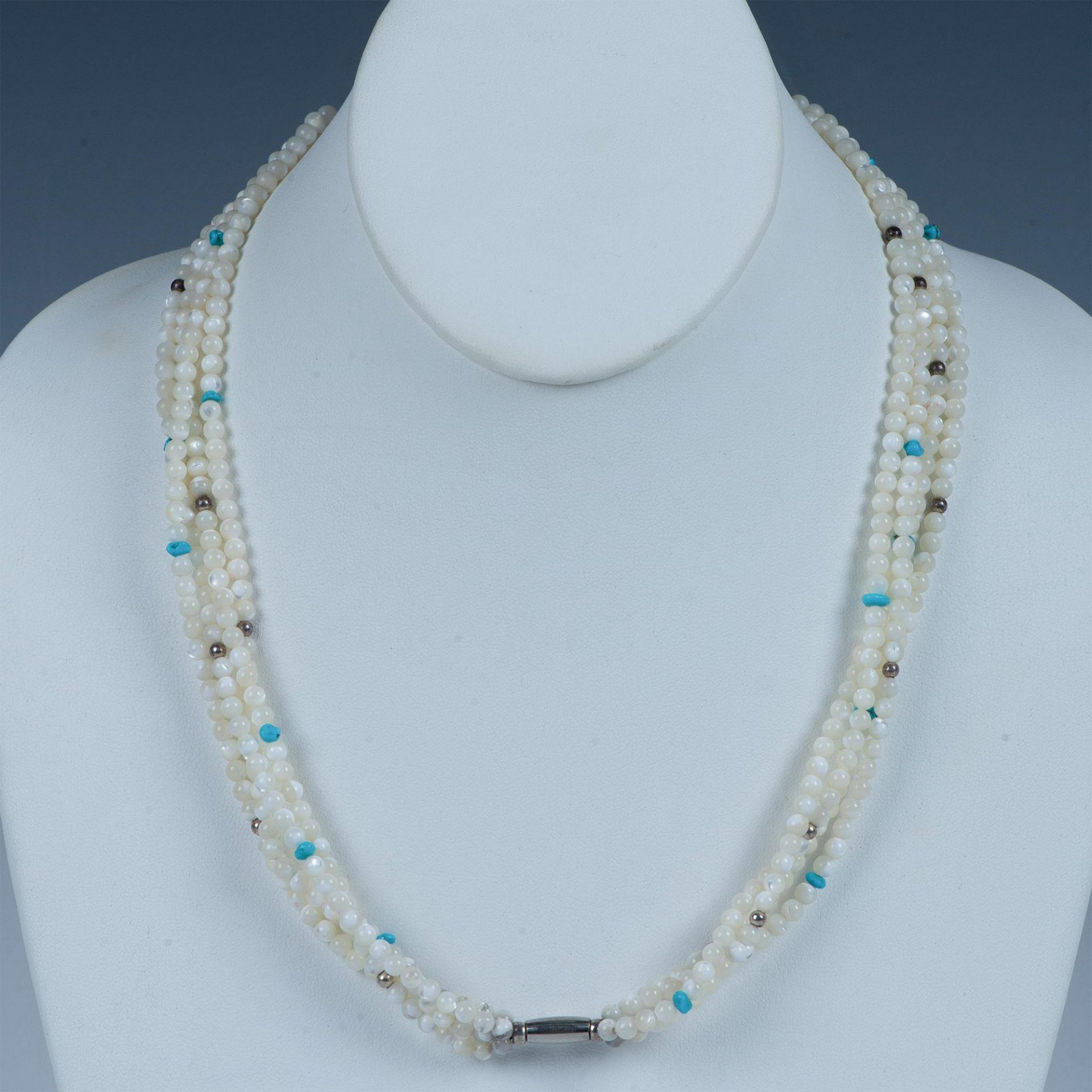 Classy Four Strand Mother of Pearl & Turquoise Bead Necklace