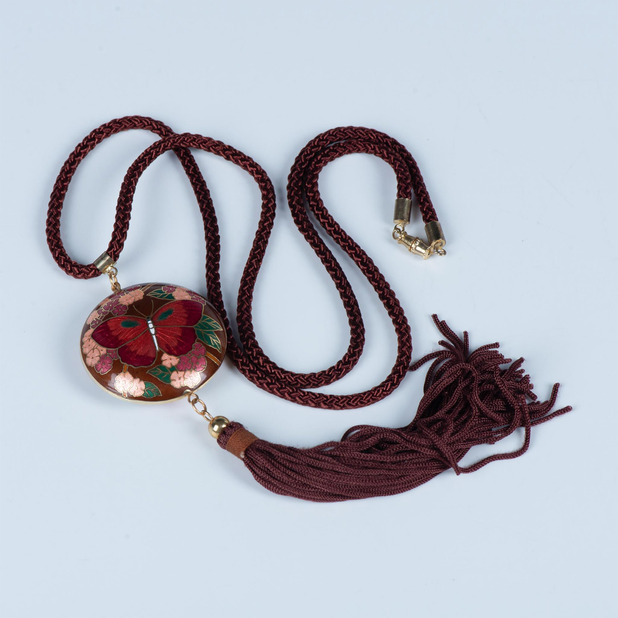 Vintage Detailed Cloisonne Enamel Butterfly Tassel Necklace - Image 3 of 3