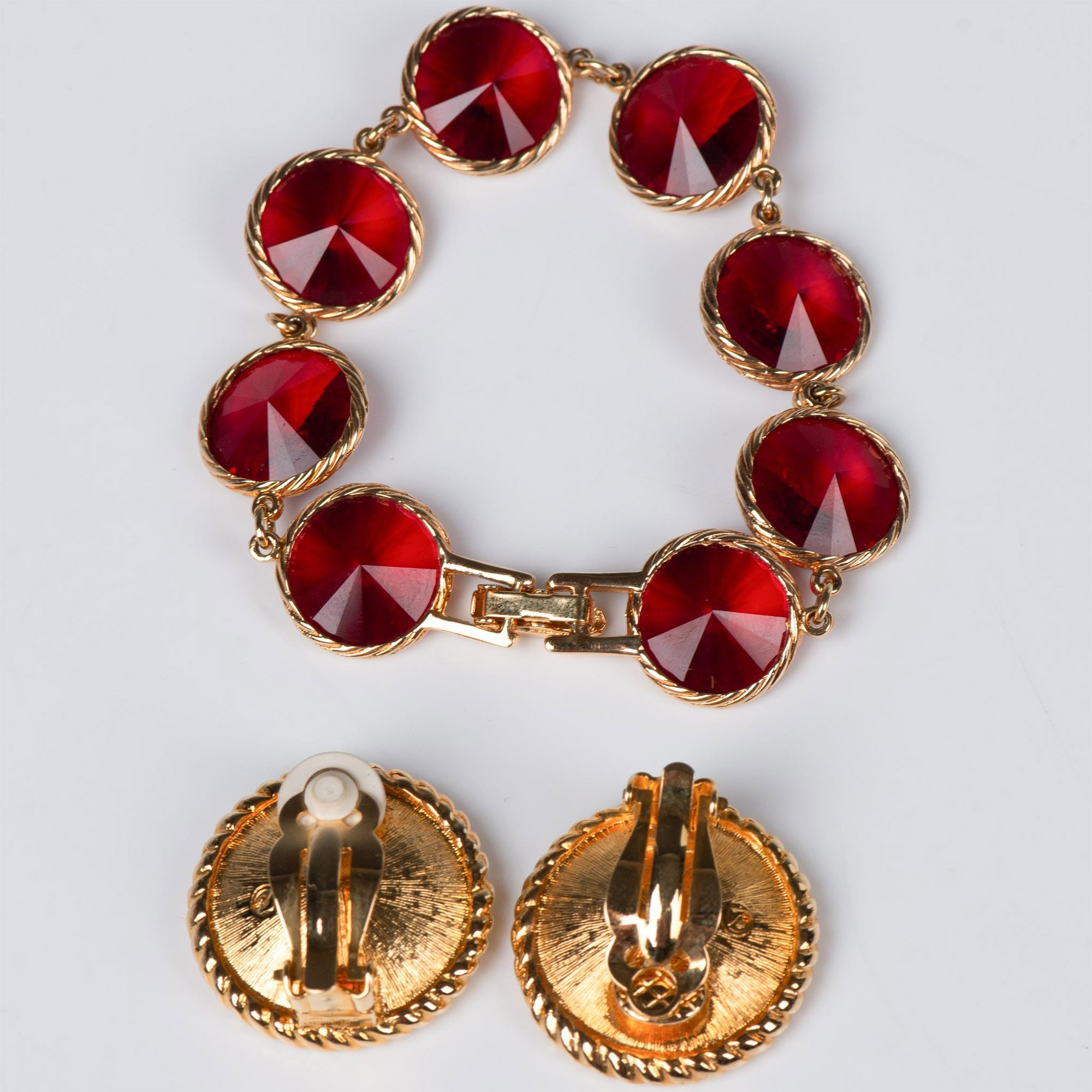 3pc Swarovski Gold Tone & Red Stone Bracelet and Earrings - Image 2 of 5