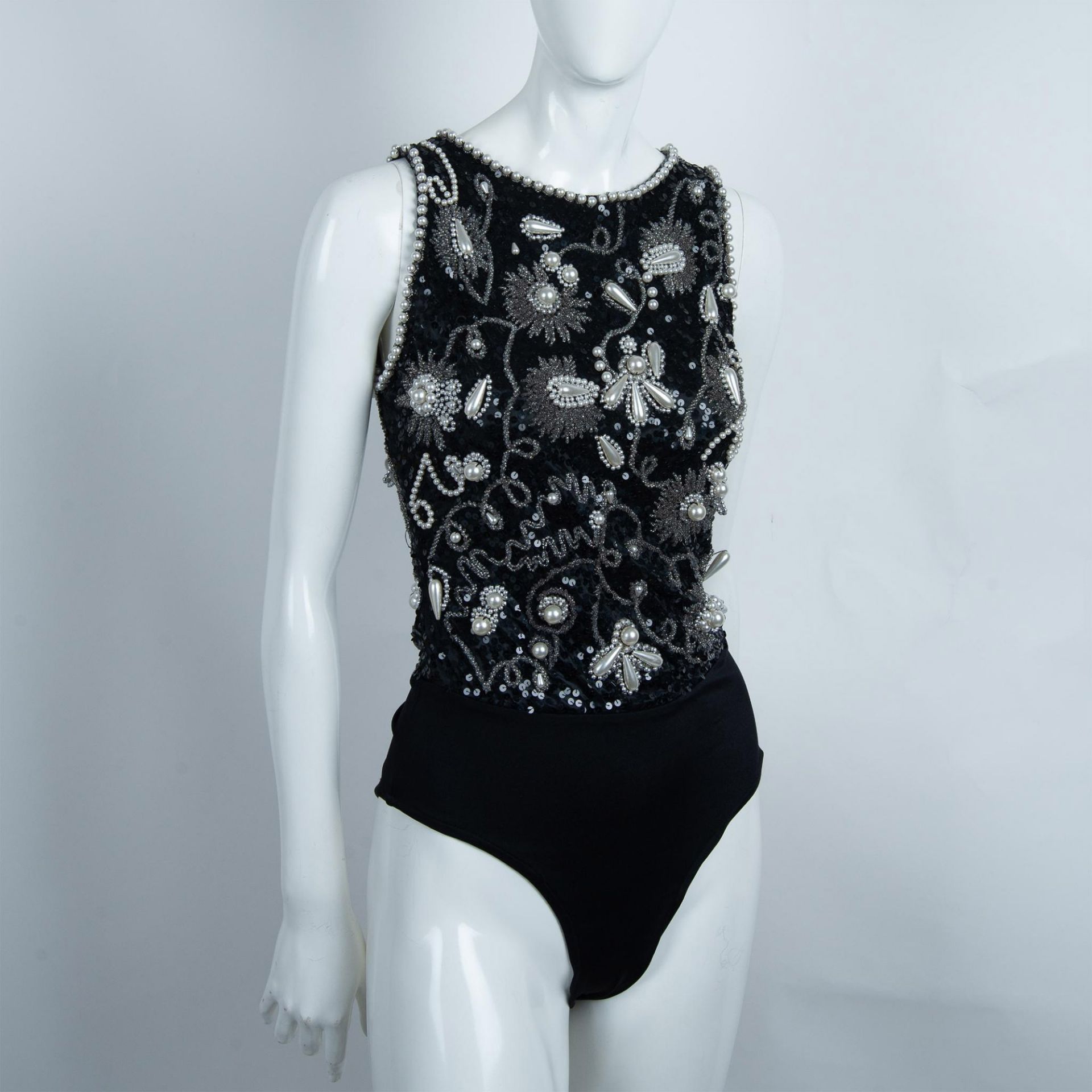 Vintage Oleg Cassini Black Tie Sequined Bodysuit, Size Small