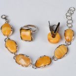 3pc Sterling Silver and Amber Bracelet, Ring & Pendant