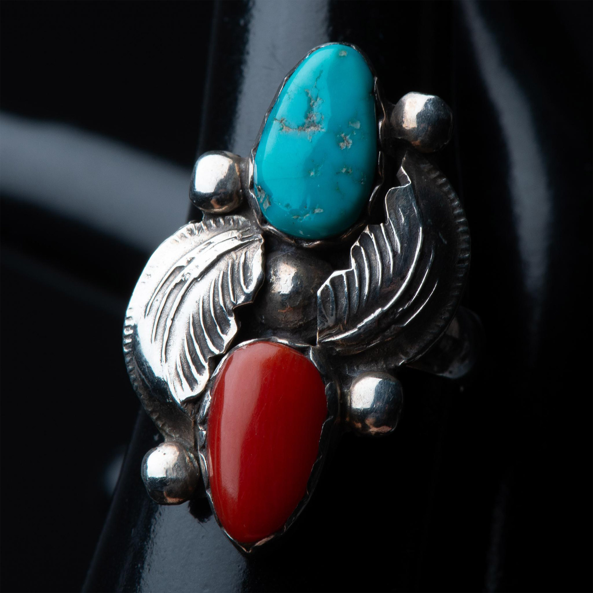 Simplicio Zuni Handmade Sterling, Turquoise & Coral Ring - Image 6 of 6