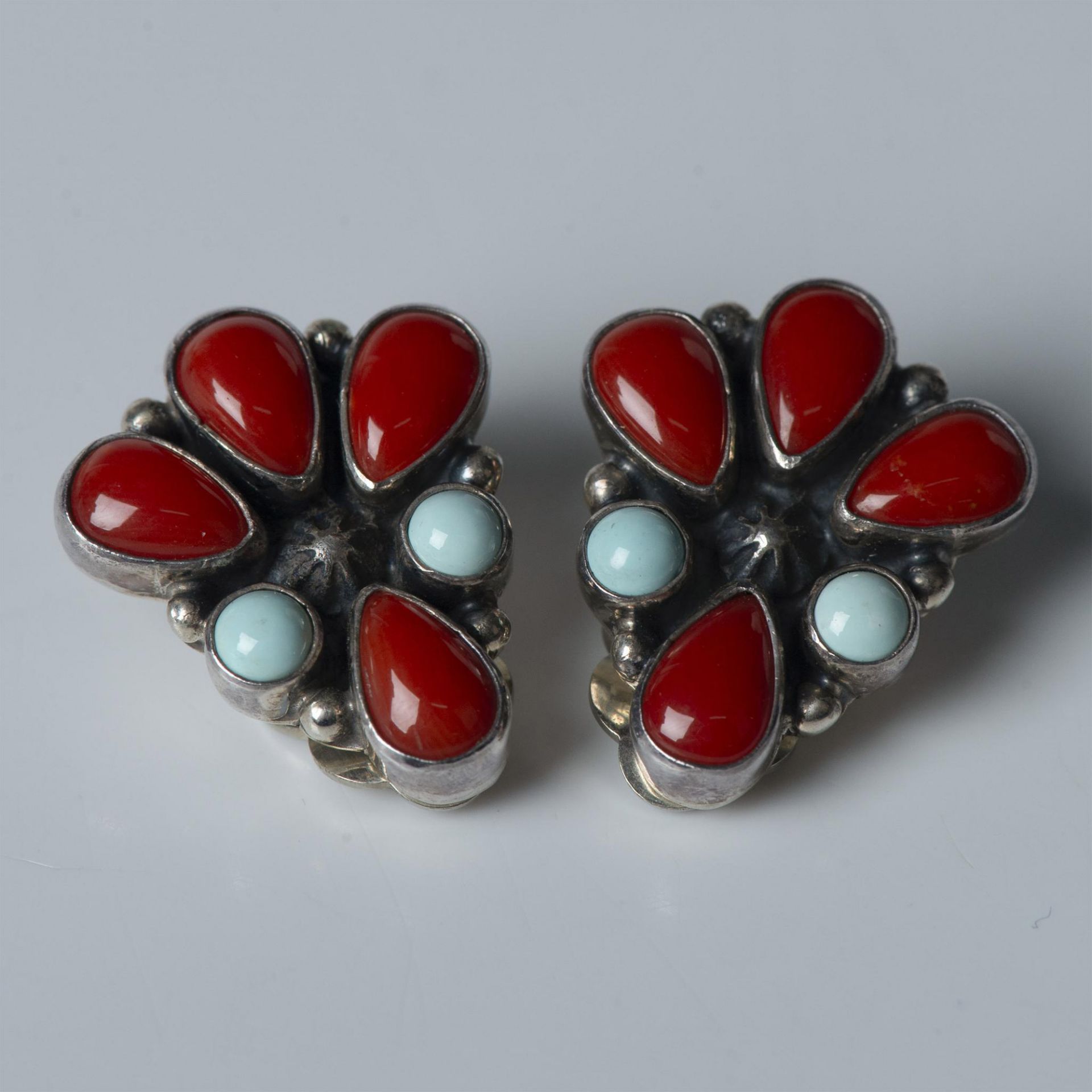 G. Apachito Navajo Sterling, Coral & Turquoise Clip Earrings - Image 2 of 7