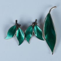 2pc David Andersen Green Enamel Leaf Pin & Clip-On Earrings