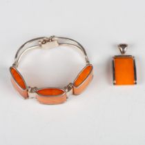 2pc Chic Sterling Silver & Orange Stone Pendant and Bracelet