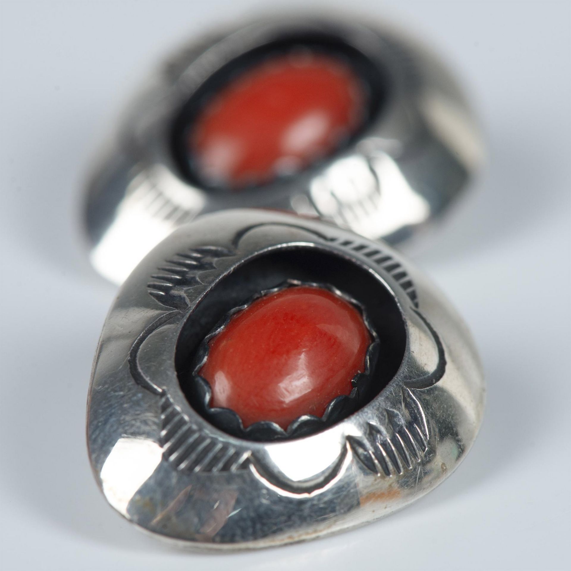 T. Goodluck Navajo Sterling & Coral Shadow Box Clip Earrings - Image 2 of 3