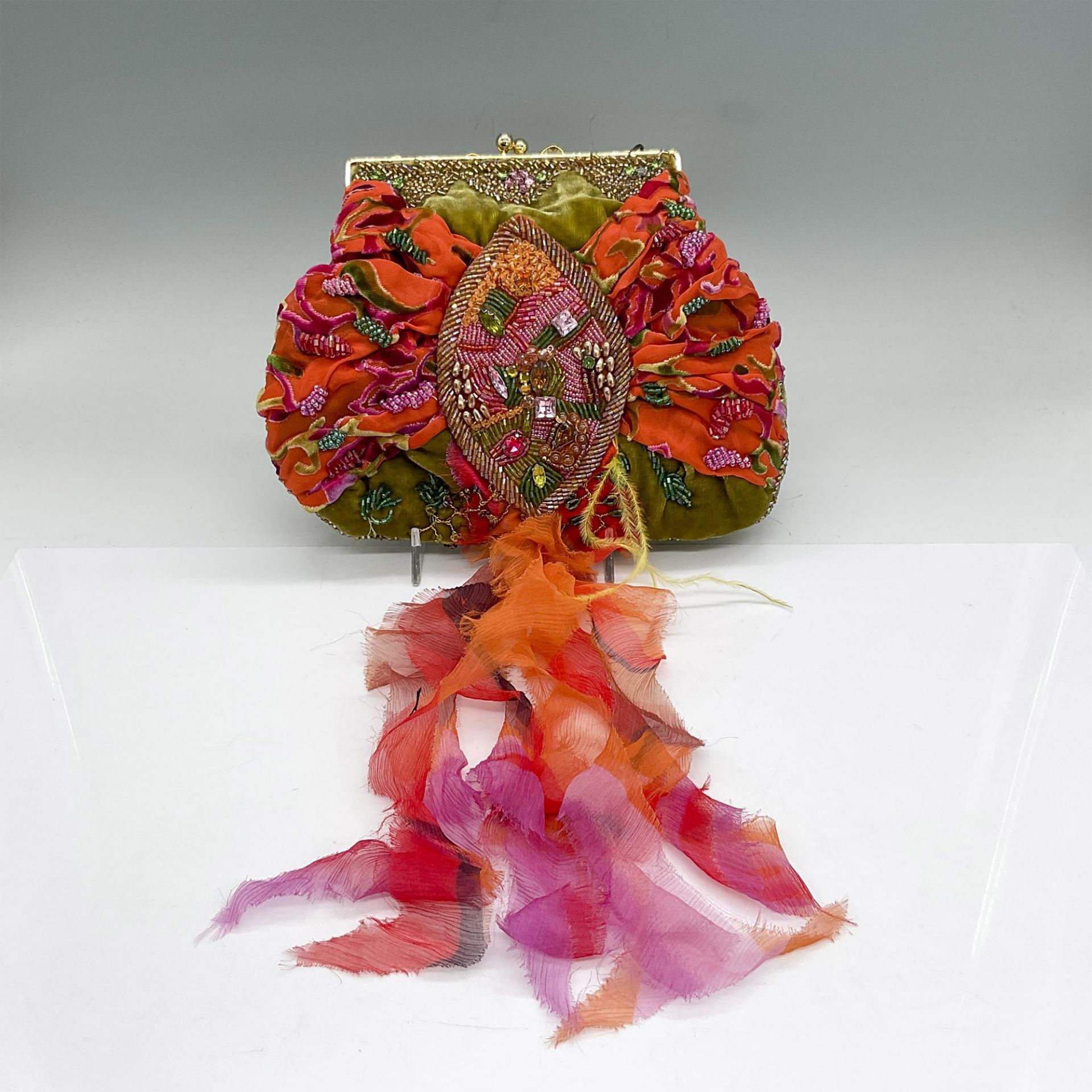Mary Frances Velvet and Silk Handbag, Olive/Orange/Fuchsia