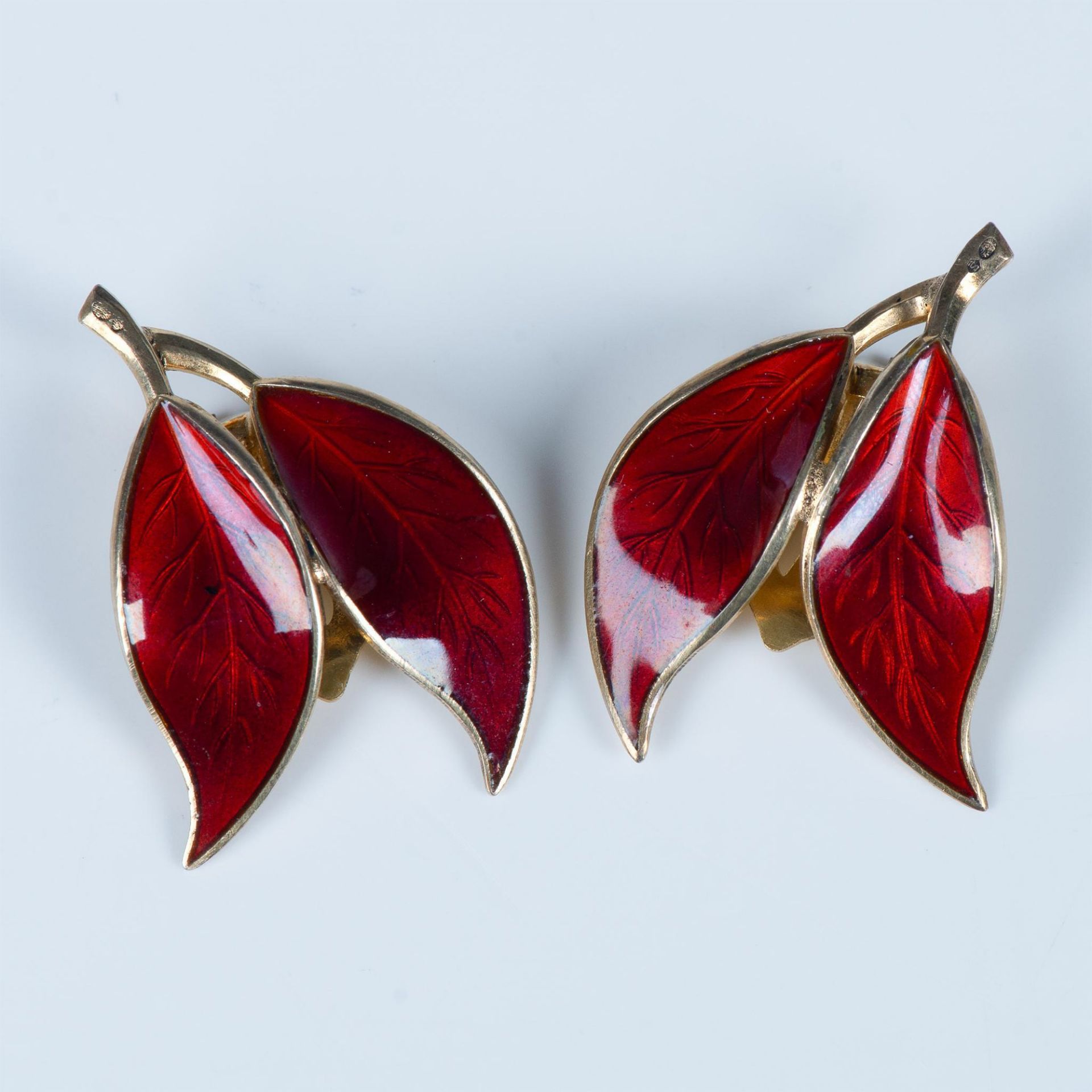 David Andersen Red Enamel & Sterling Leaf Clip-On Earrings