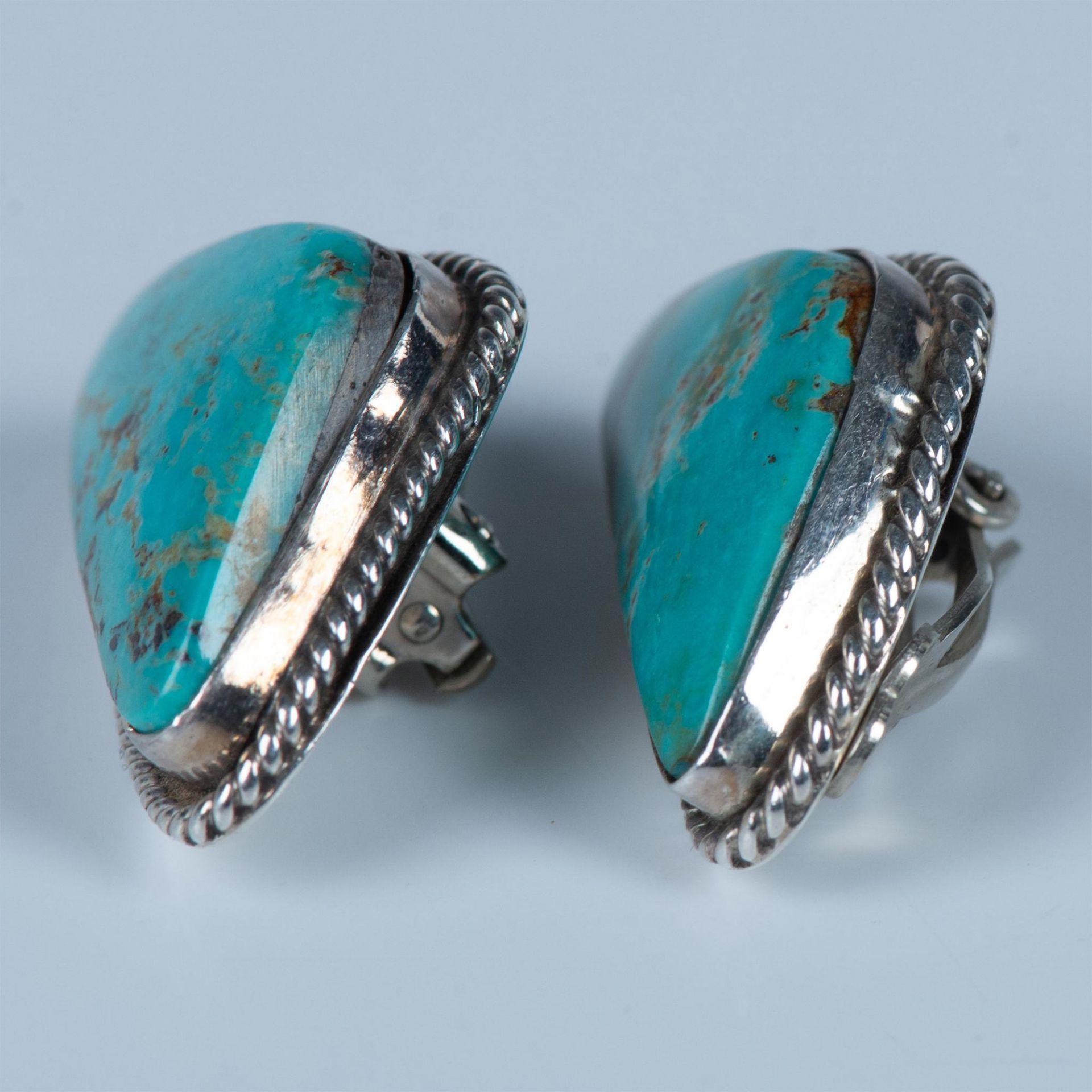 Native American Sterling & Natural Turquoise Clip Earrings - Image 3 of 3