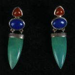 Sterling Silver, Jade, Lapis Lazuli & Coral Earrings