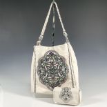 2pc Brighton Leather Handbag + Wallet, Cream with Beads