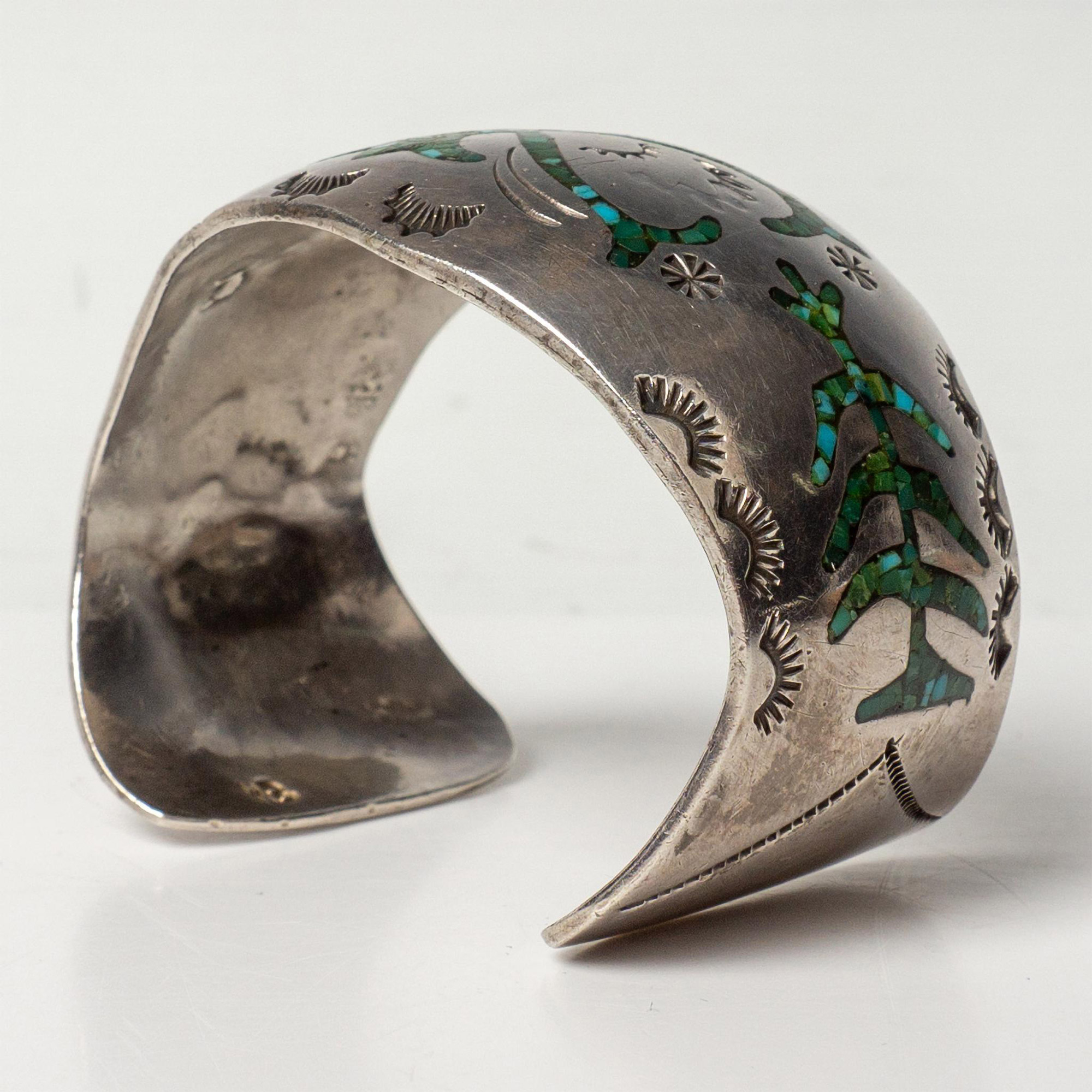 Native American Silver & Turquoise Chip Inlay Cuff Bracelet - Image 2 of 6