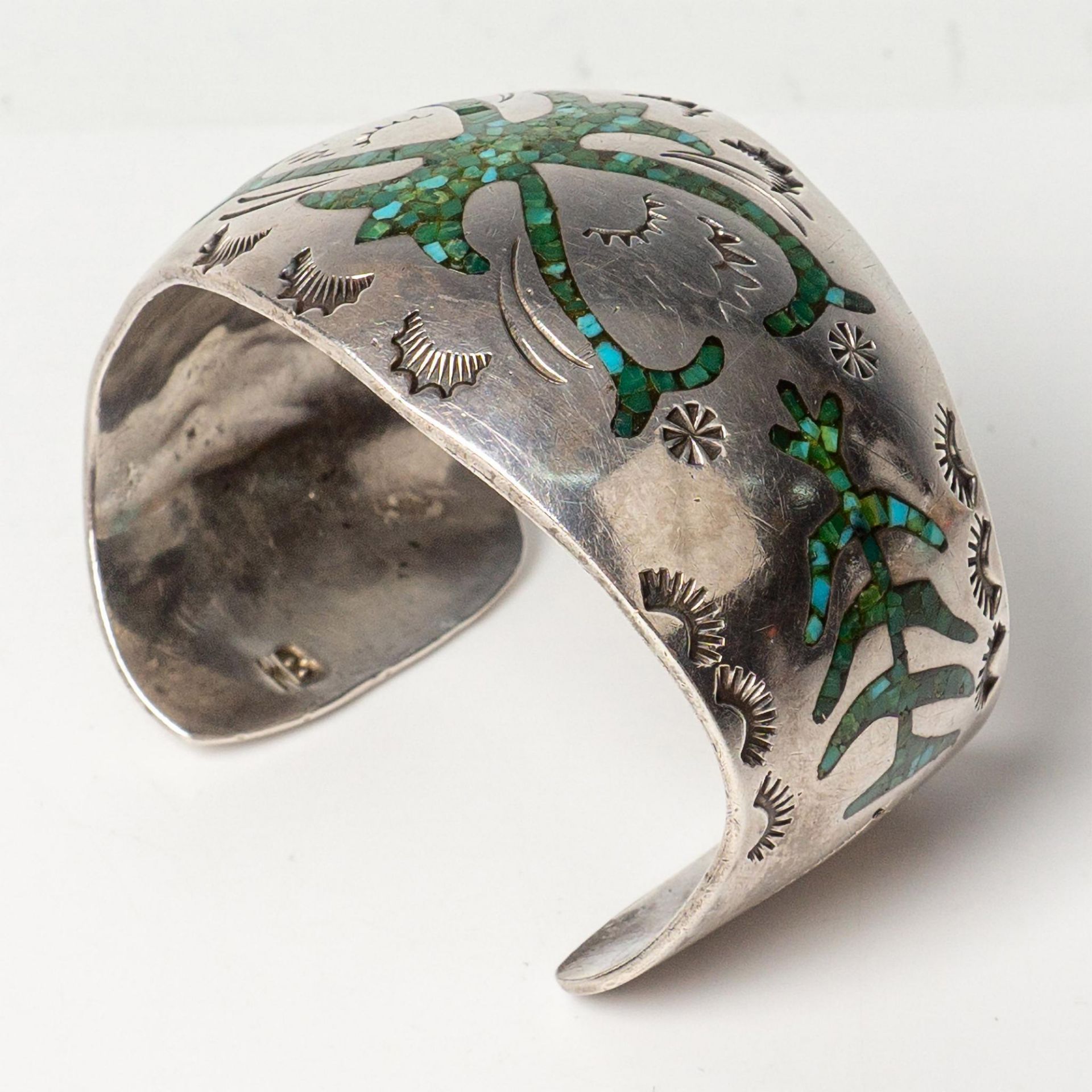 Native American Silver & Turquoise Chip Inlay Cuff Bracelet - Bild 3 aus 6