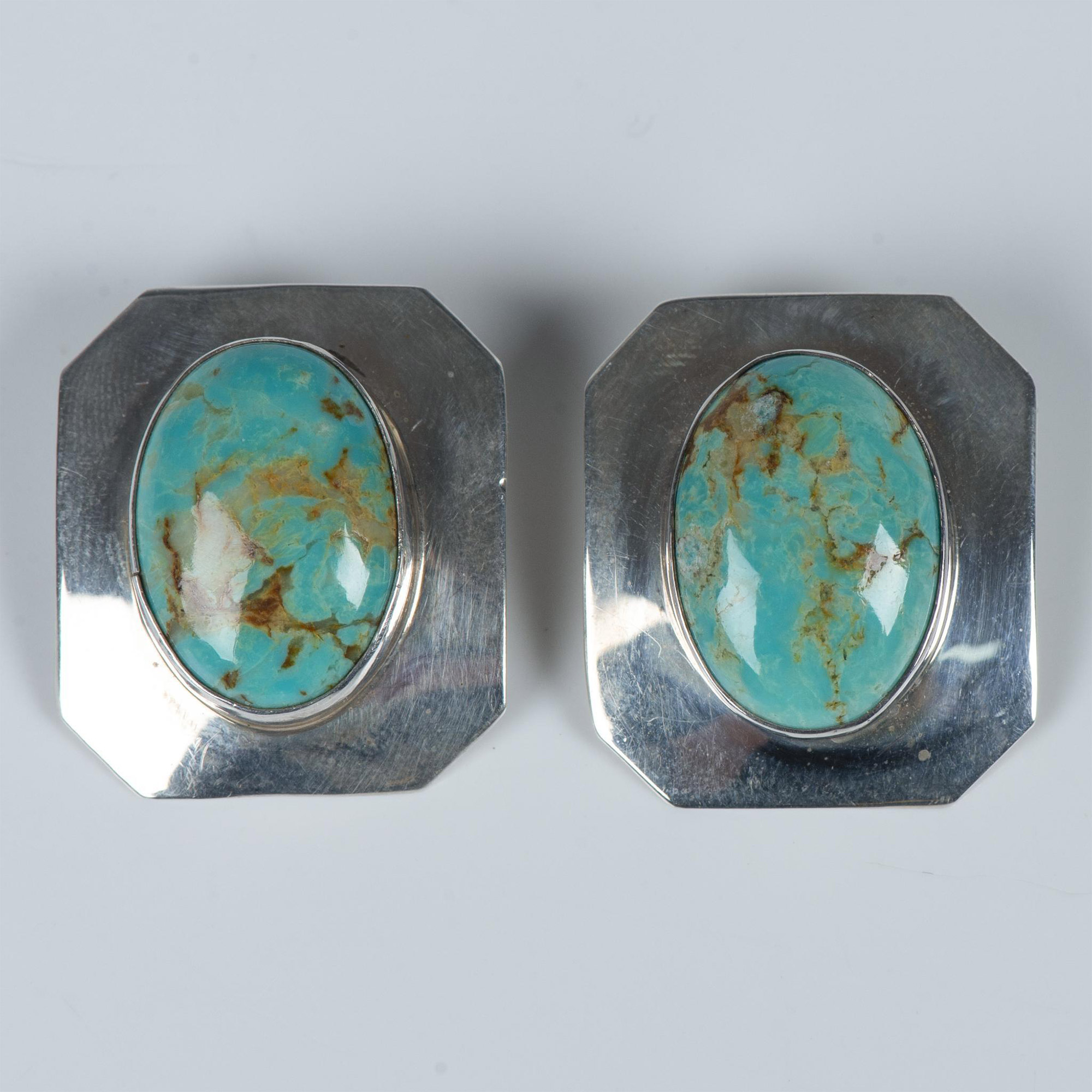 Native American Chunky Sterling & Turquoise Clip-On Earrings - Image 5 of 5