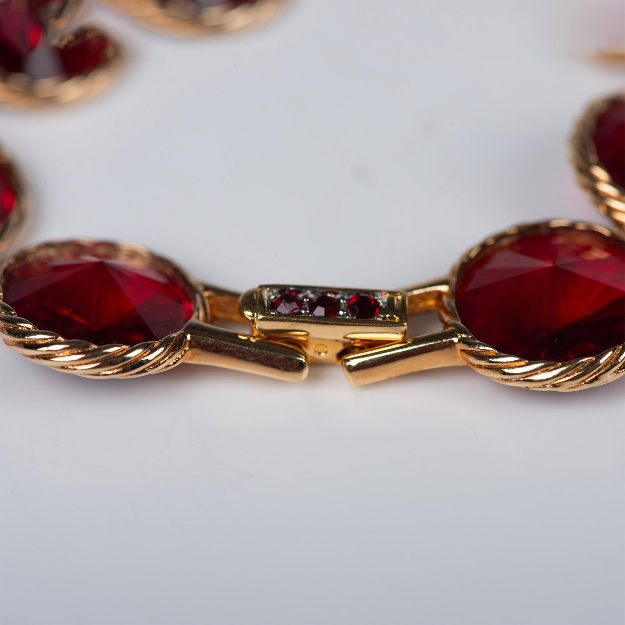 3pc Swarovski Gold Tone & Red Stone Bracelet and Earrings - Image 5 of 5