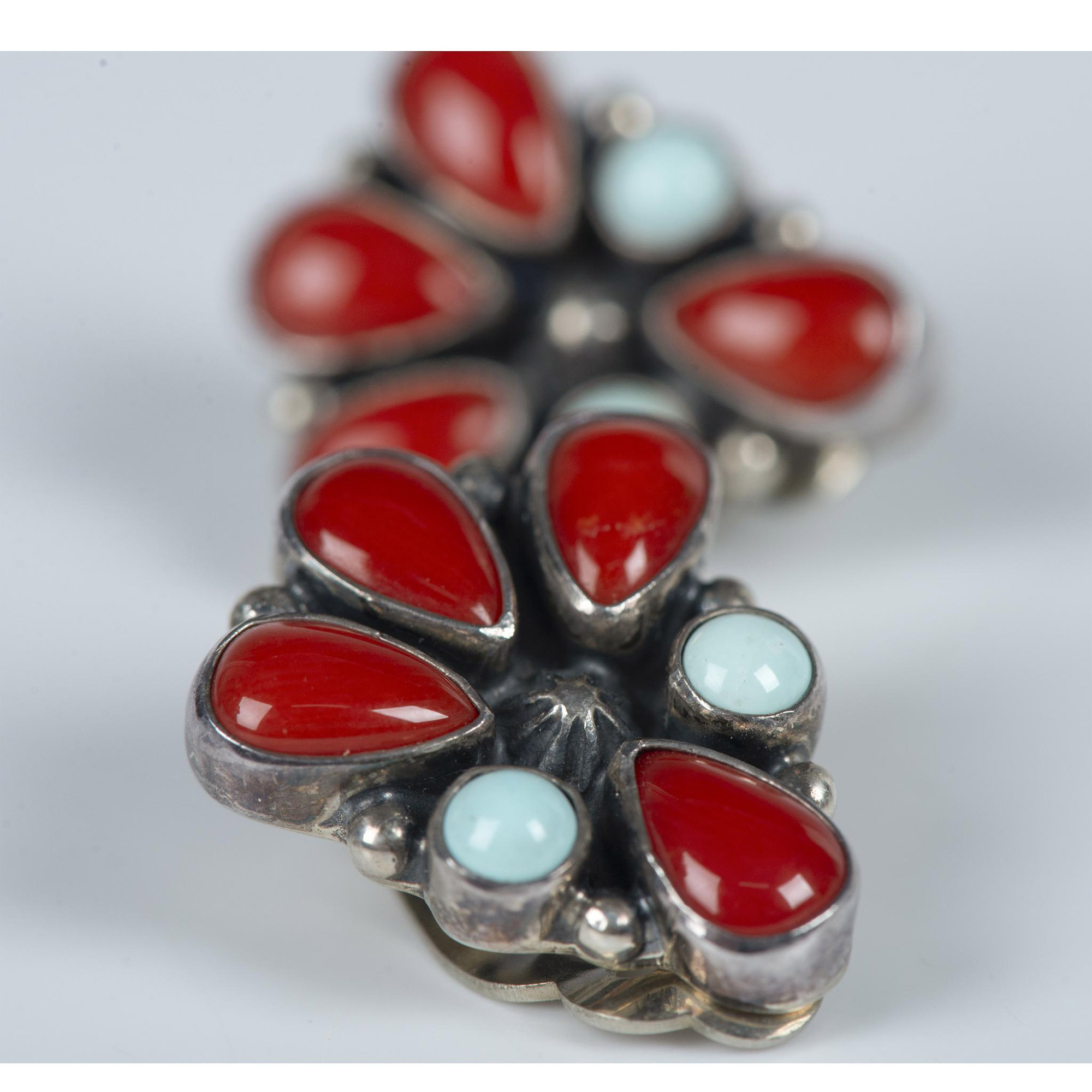 G. Apachito Navajo Sterling, Coral & Turquoise Clip Earrings - Image 6 of 7