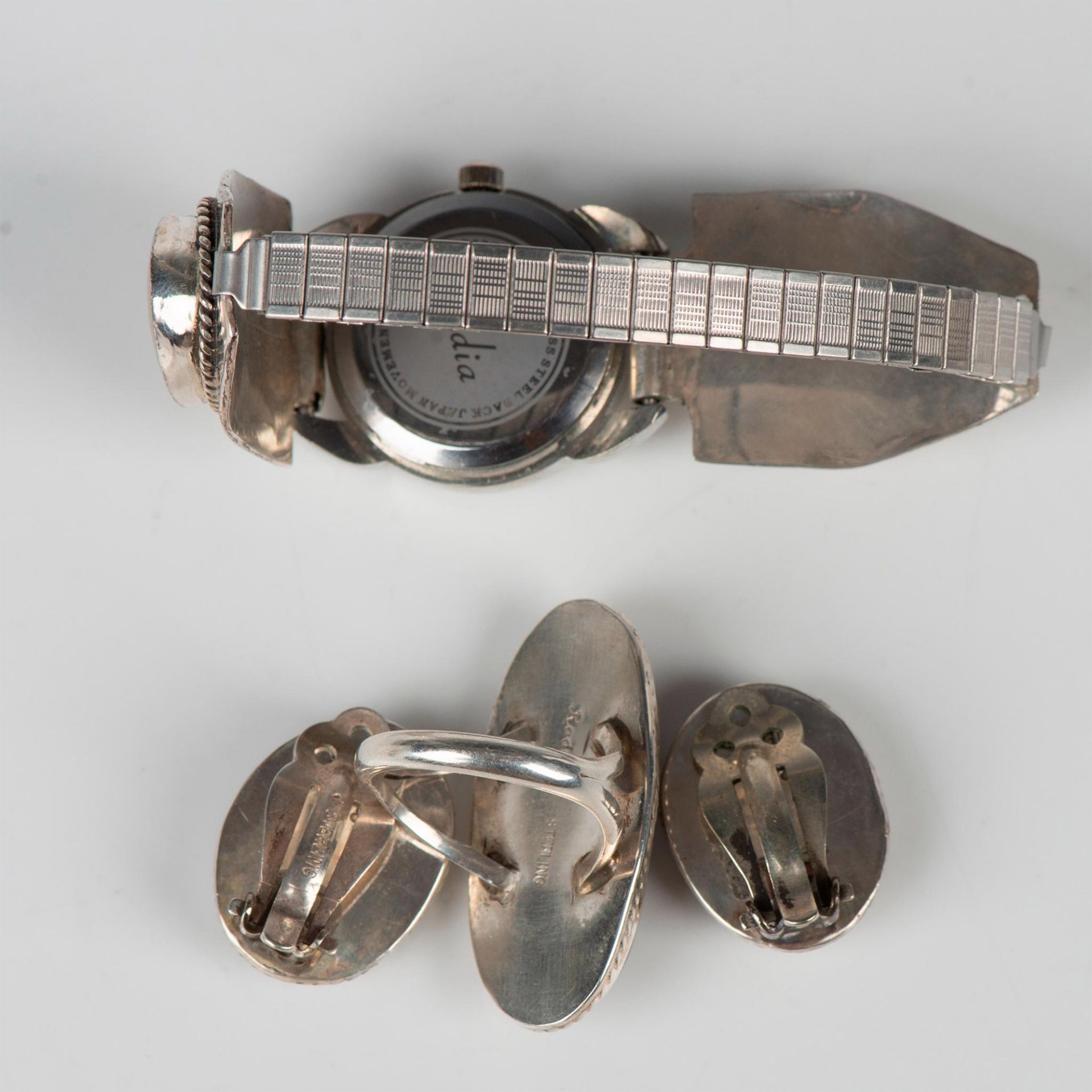 3pc Sterling Petoskey Stone Watch, Clip-On Earrings, & Ring - Bild 7 aus 7
