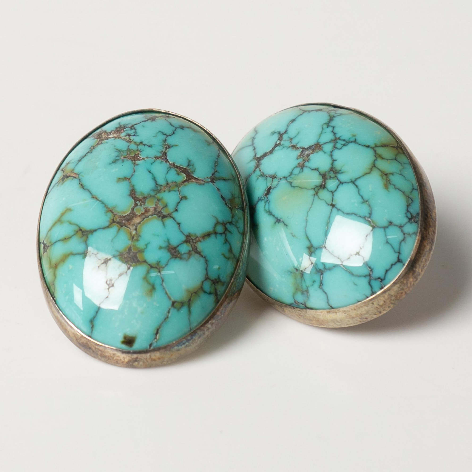 Oval Sterling Silver & Turquoise Pierced Earrings - Image 2 of 6