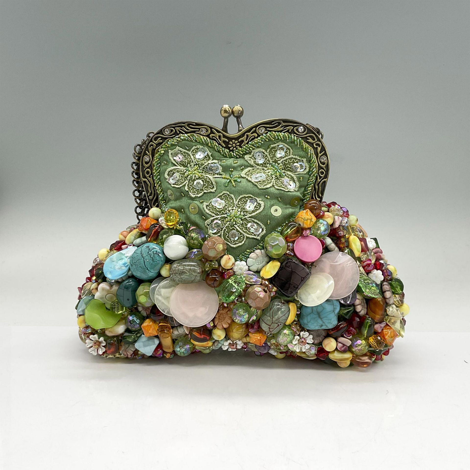 Mary Frances Seafoam Silk and Multicolor Bead Handbag