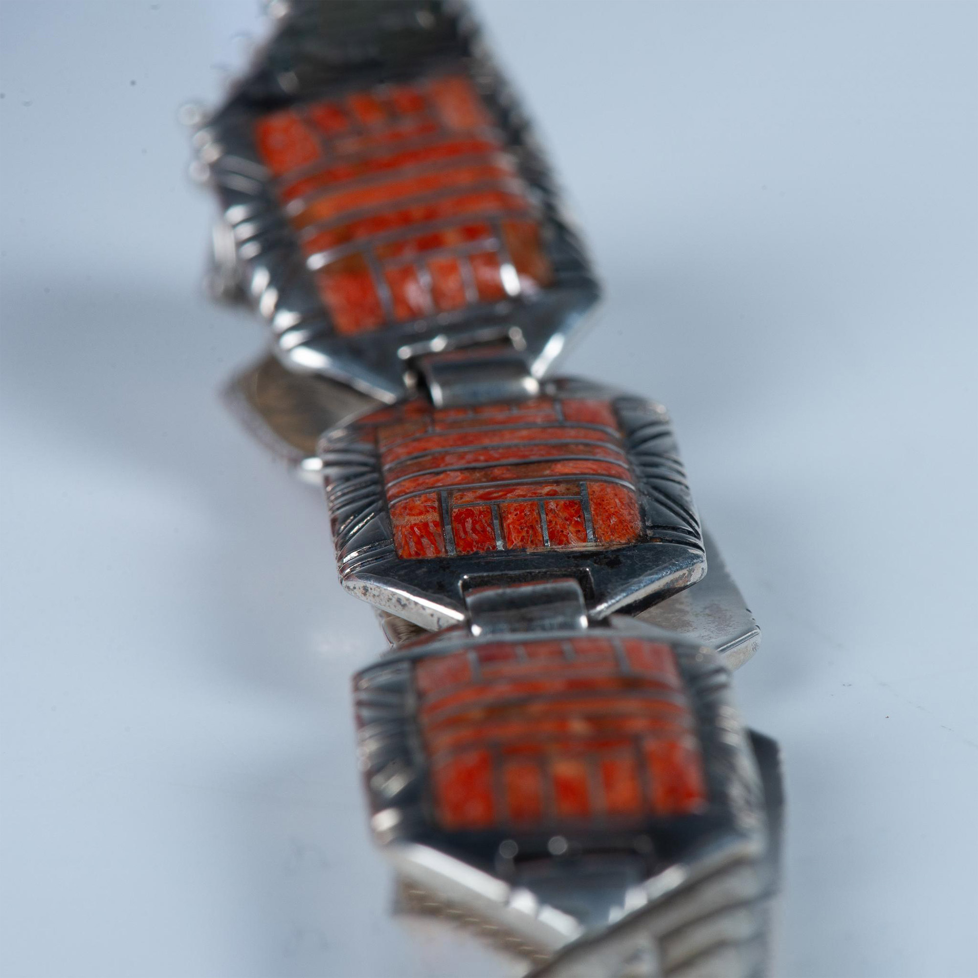 Zuni Contemporary Sterling Silver & Coral Inlay Bracelet - Image 3 of 5