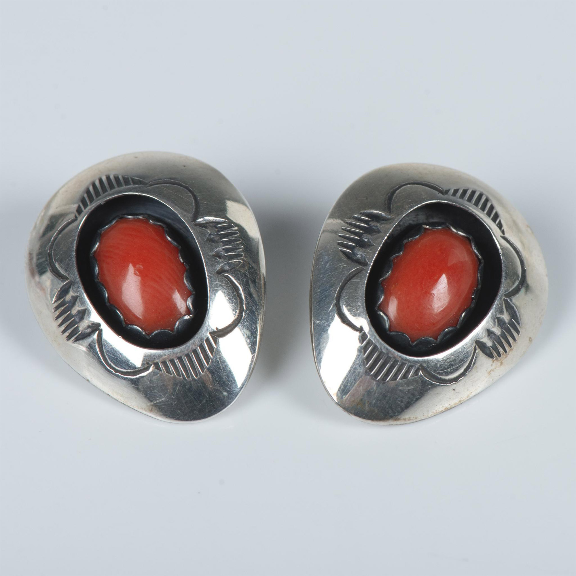 T. Goodluck Navajo Sterling & Coral Shadow Box Clip Earrings